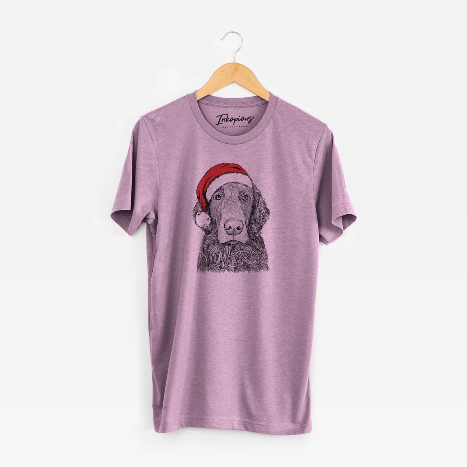 Hand-drawn sketch of Pippin the Flat Coated Retriever wearing a Santa hat on an Orchid Unisex crewneck