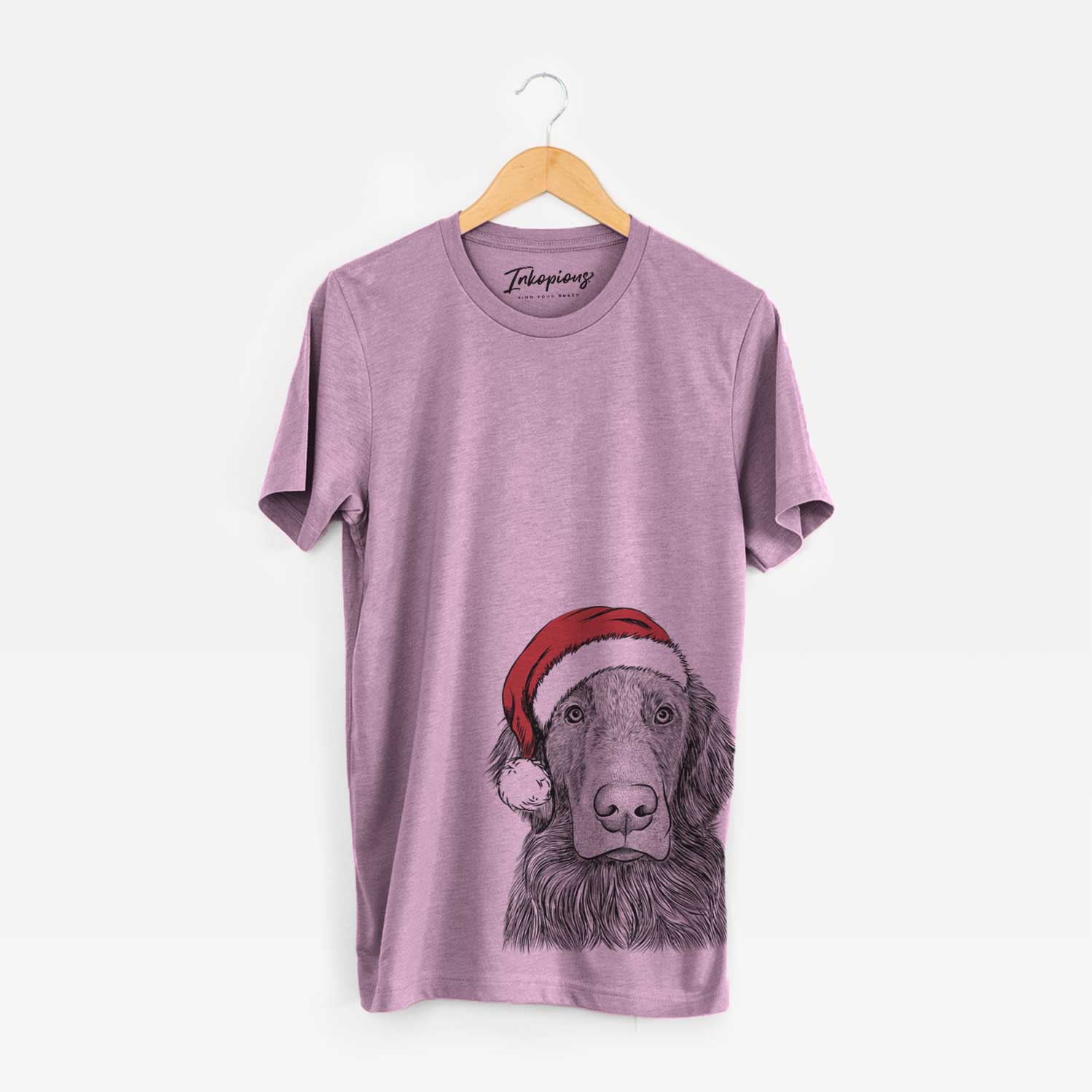 Hand-drawn sketch of Pippin the Flat Coated Retriever wearing a Santa hat on an Orchid Unisex crewneck