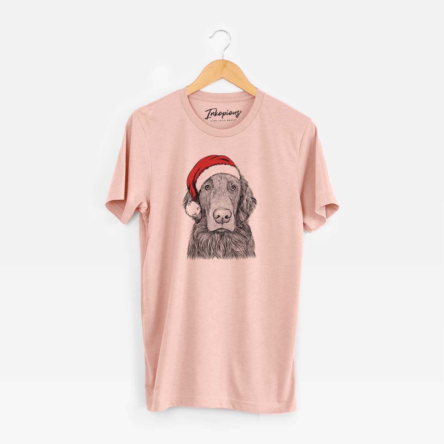 Hand-drawn sketch of Pippin the Flat Coated Retriever wearing a Santa hat on a Peach Unisex crewneck