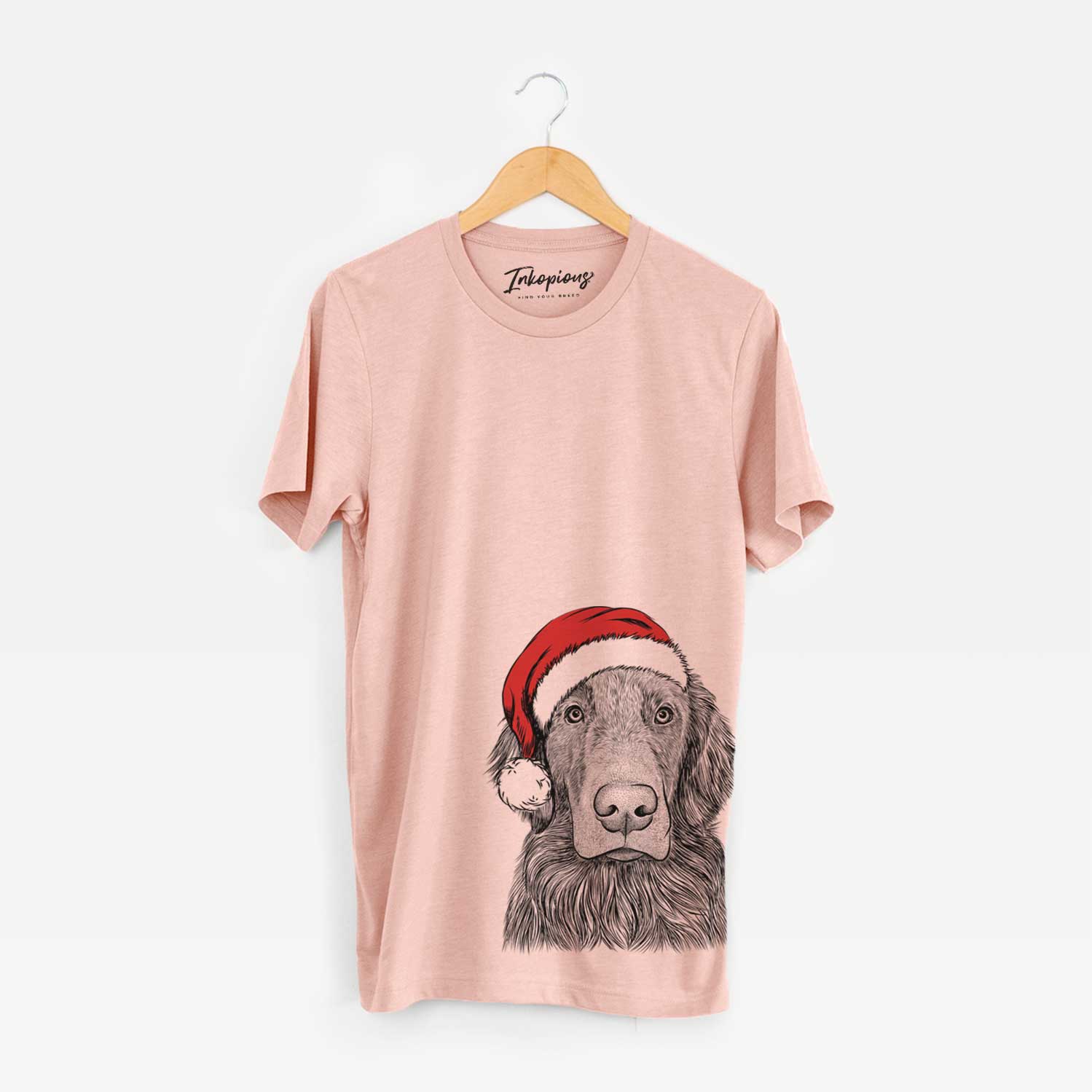 Hand-drawn sketch of Pippin the Flat Coated Retriever wearing a Santa hat on a Peach Unisex crewneck