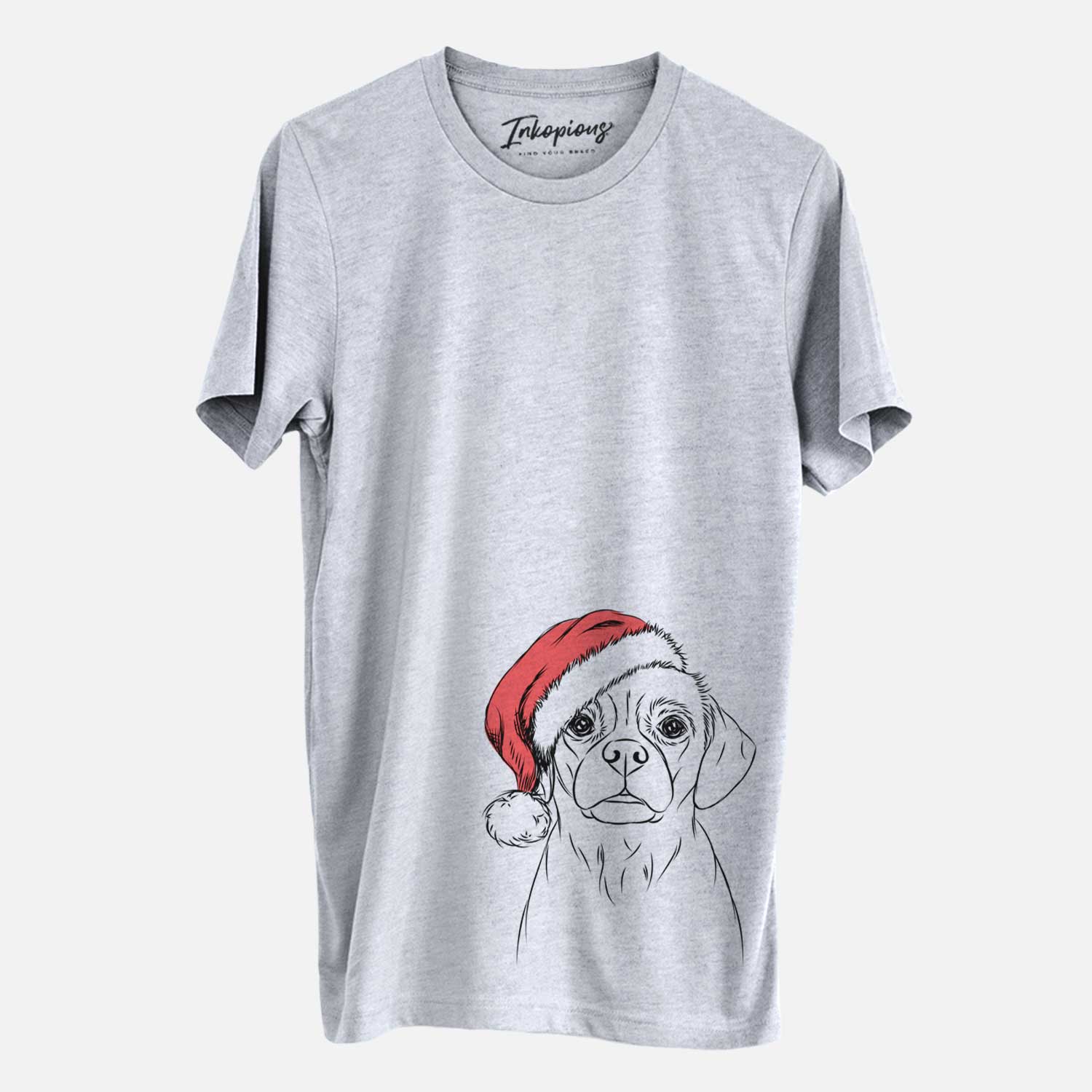 Hand-drawn sketch of Popcorn the Puggle wearing a Santa hat on a Grey Unisex crewneck