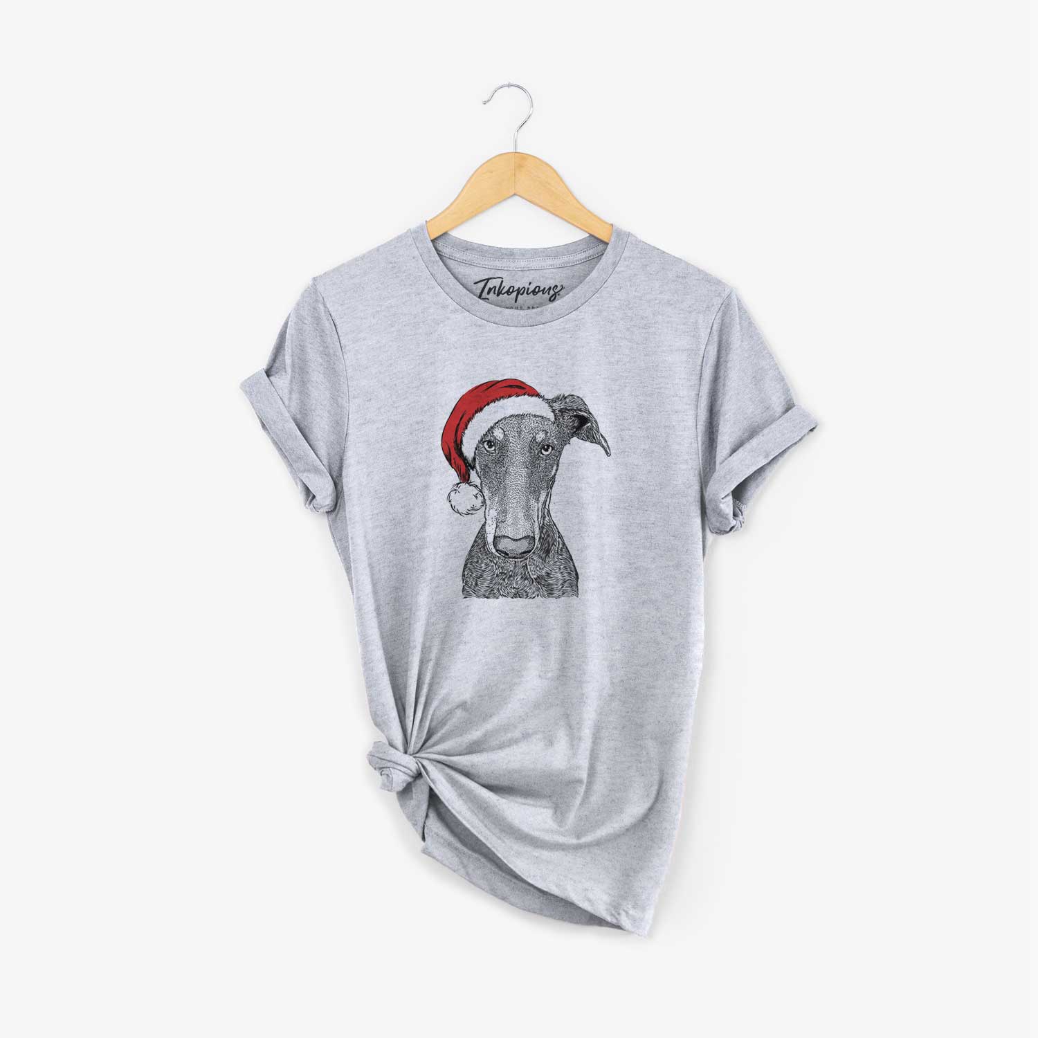Hand-drawn sketch of Princess Fiona the Doberman Pinscher wearing a Santa hat on a Grey Unisex crewneck