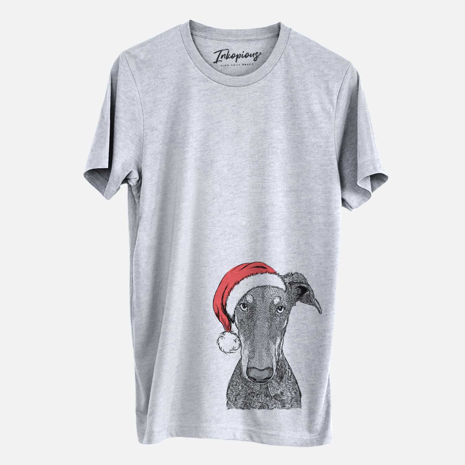Hand-drawn sketch of Princess Fiona the Doberman Pinscher wearing a Santa hat on a Grey Unisex crewneck