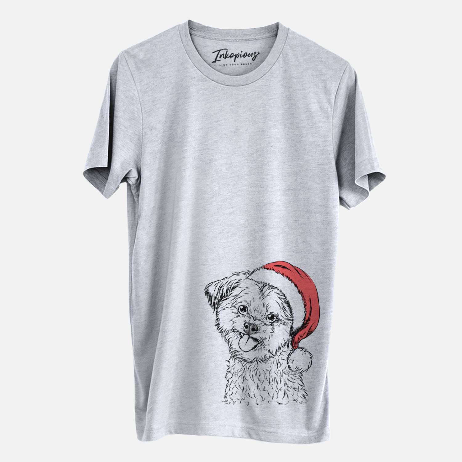 Hand-drawn sketch of Puff the Malshi wearing a Santa hat on a Grey Unisex crewneck