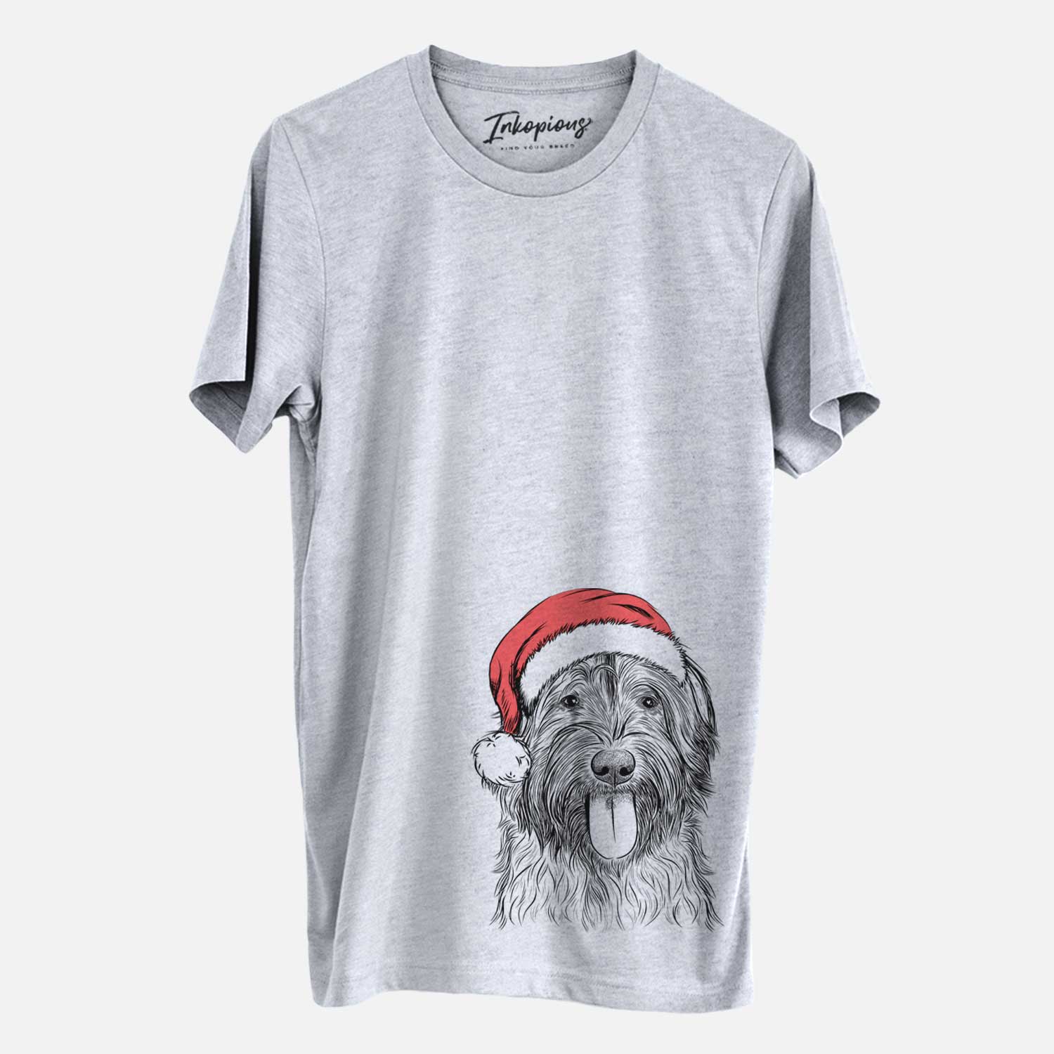 Hand-drawn sketch of Puig the Catalan Sheepdog wearing a Santa hat on a Grey Unisex crewneck