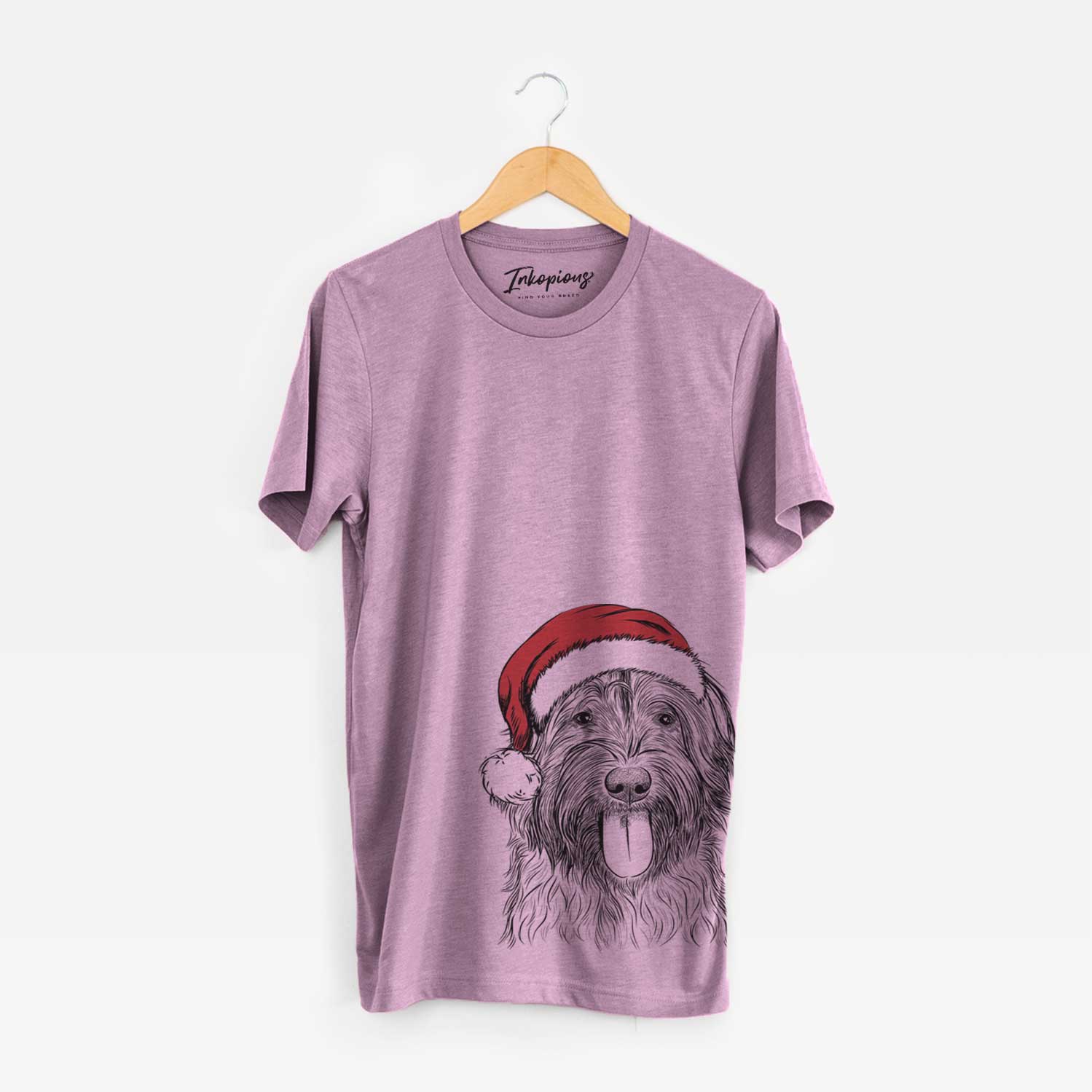 Hand-drawn sketch of Puig the Catalan Sheepdog wearing a Santa hat on an Orchid Unisex crewneck
