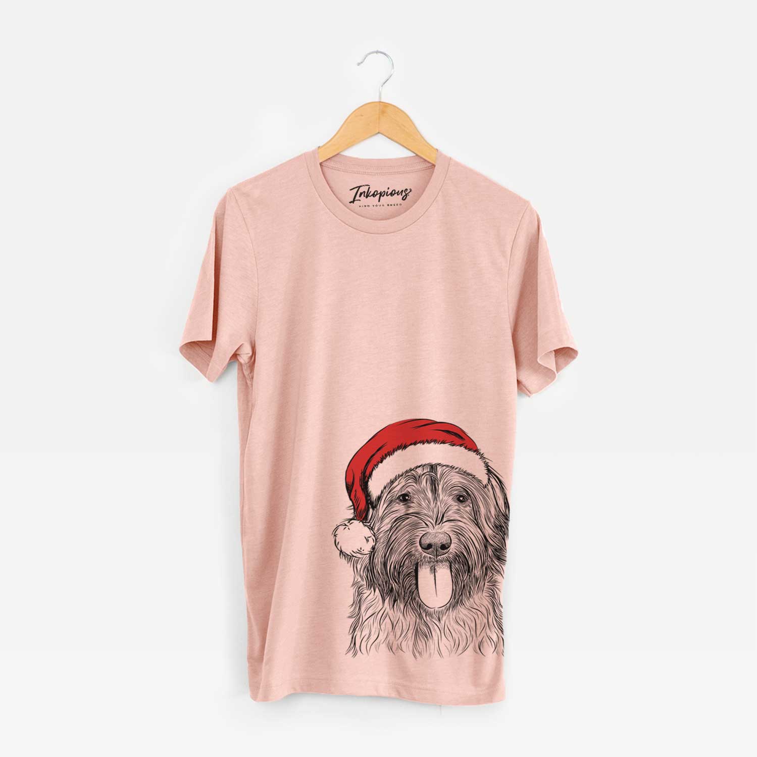 Hand-drawn sketch of Puig the Catalan Sheepdog wearing a Santa hat on a Peach Unisex crewneck