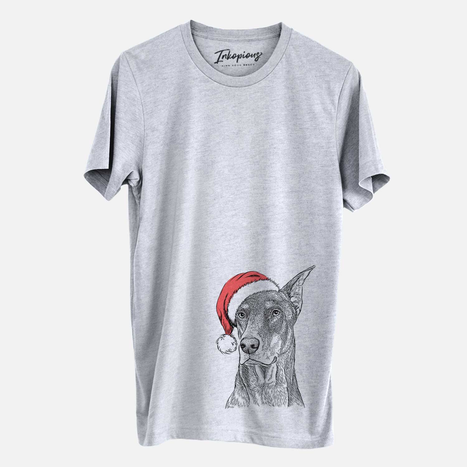 Hand-drawn sketch of RJ the Doberman Pinscher wearing a Santa hat on a Grey Unisex crewneck