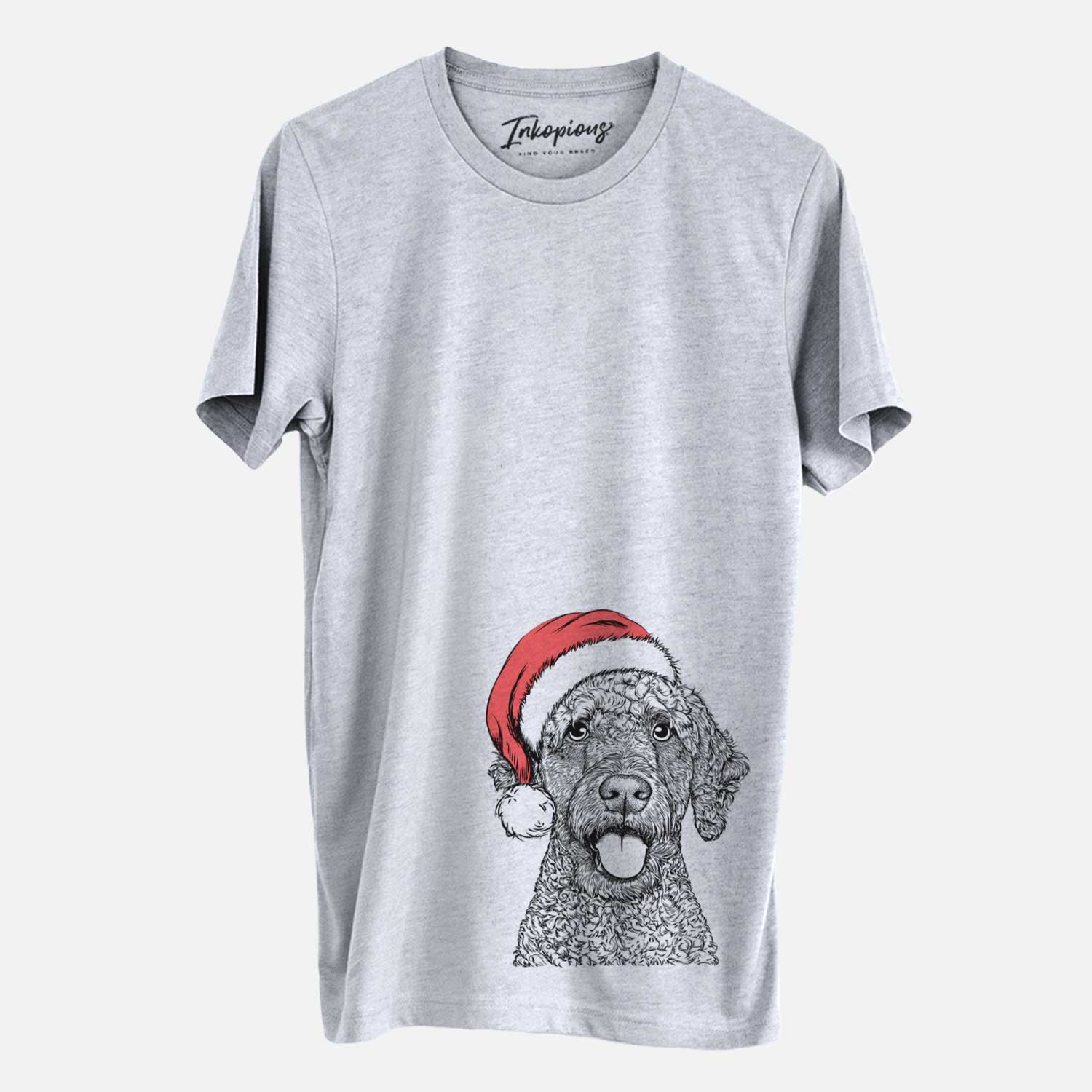 Hand-drawn sketch of Reina the Spanish Water Dog wearing a Santa hat on a Grey Unisex crewneck
