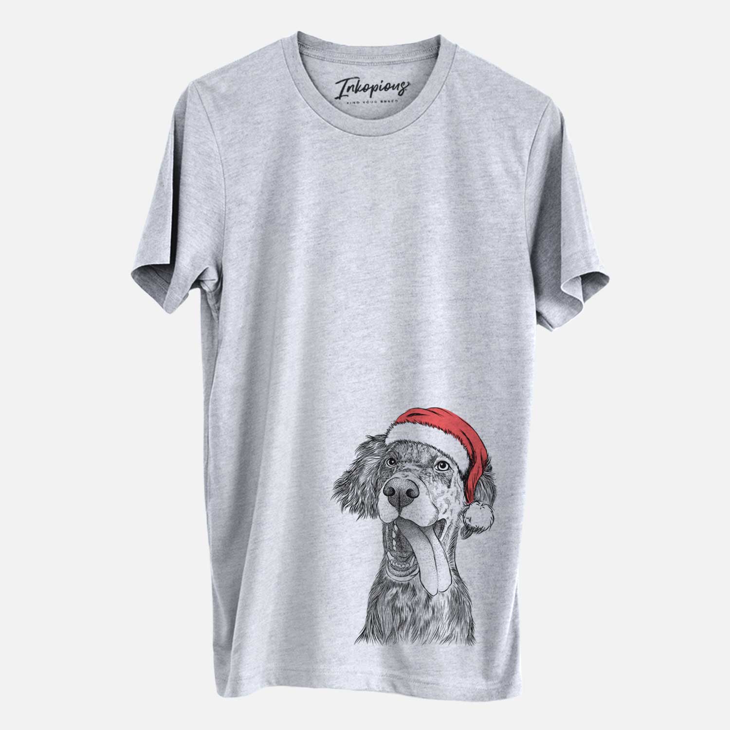 Hand-drawn sketch of Renly the English Setter wearing a Santa hat on a Grey Unisex crewneck