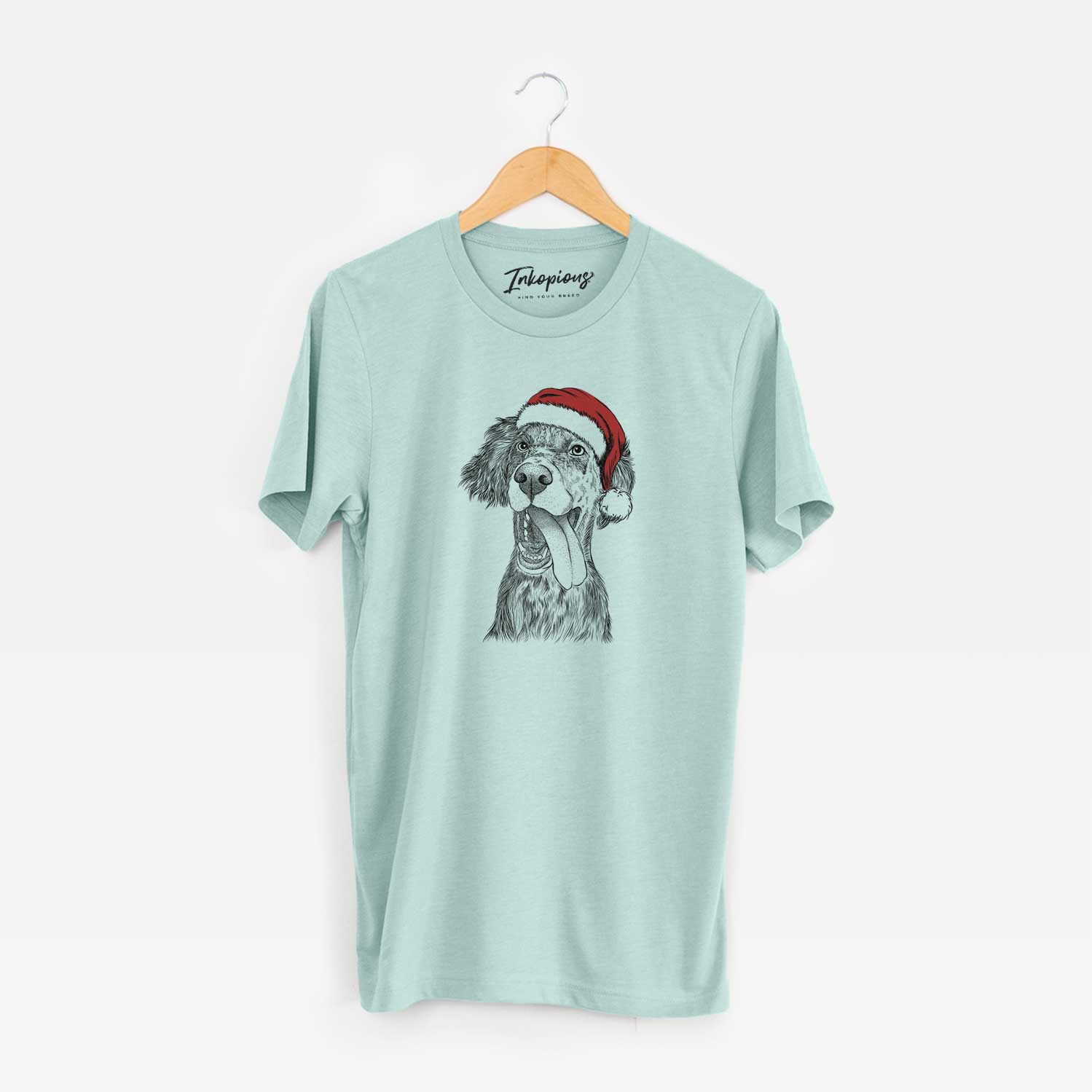 Hand-drawn sketch of Renly the English Setter wearing a Santa hat on a Heather Sage Unisex crewneck