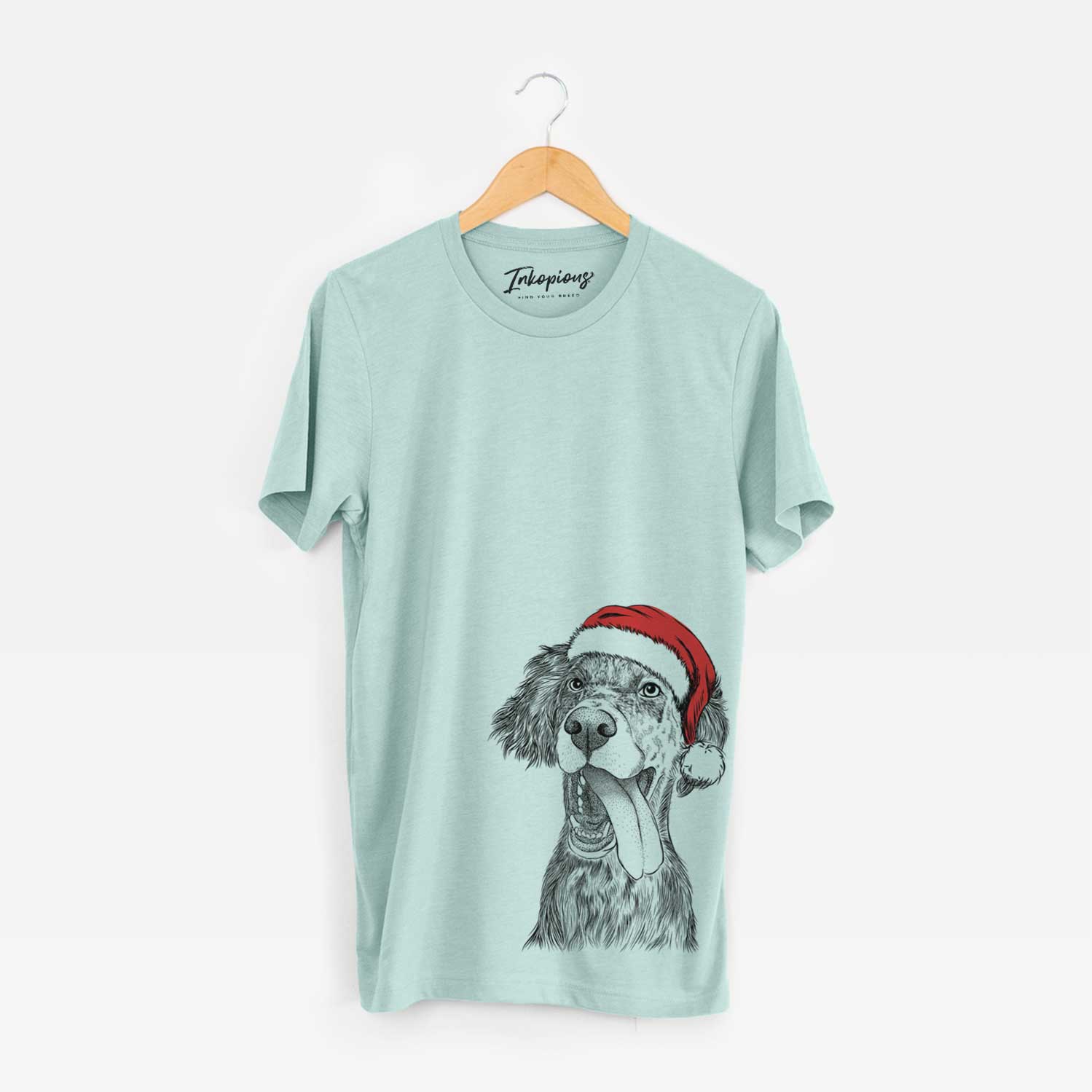 Hand-drawn sketch of Renly the English Setter wearing a Santa hat on a Heather Sage Unisex crewneck
