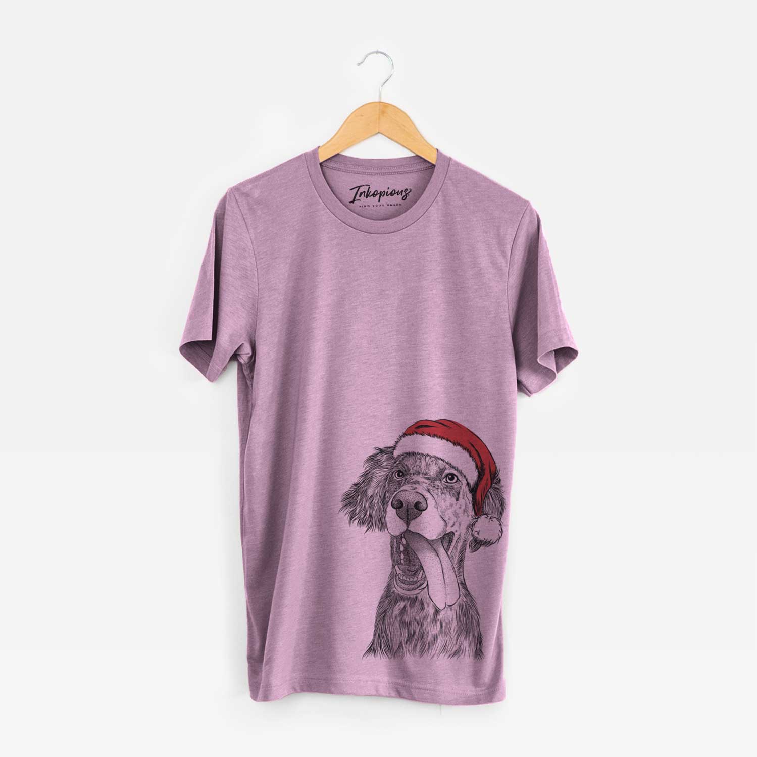 Hand-drawn sketch of Renly the English Setter wearing a Santa hat on an Orchid Unisex crewneck