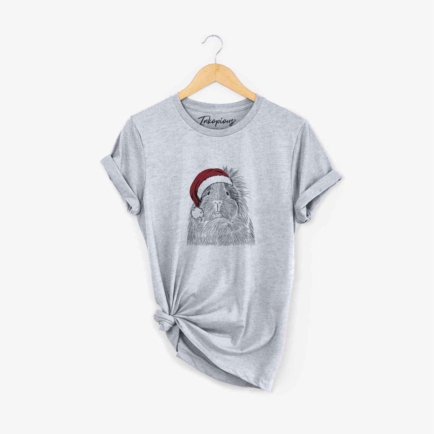 Hand-drawn sketch of Rhino the Guinea Pig wearing a Santa hat on a Grey Unisex crewneck