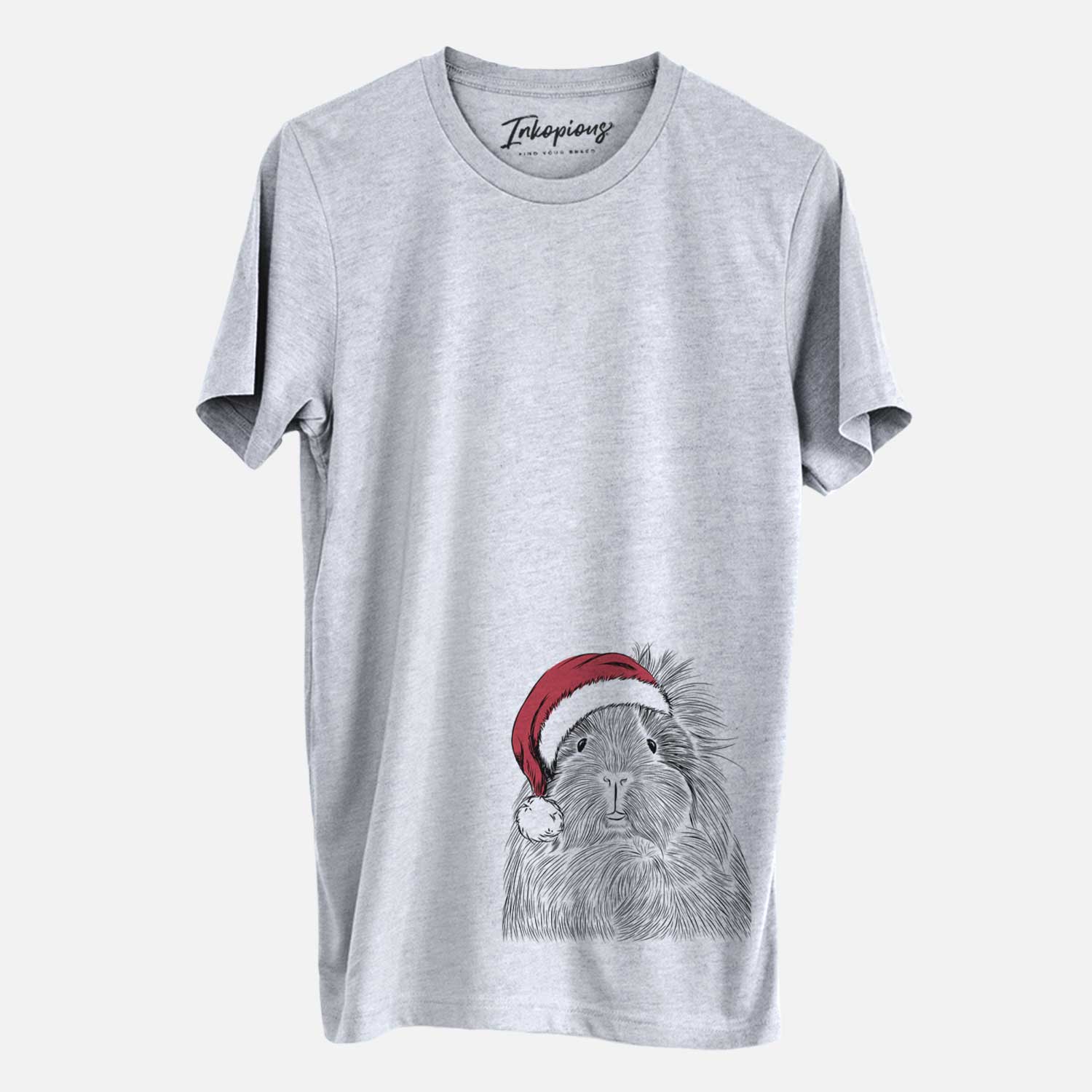 Hand-drawn sketch of Rhino the Guinea Pig wearing a Santa hat on a Grey Unisex crewneck