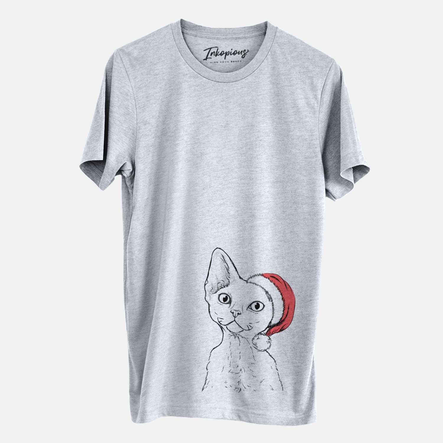 Hand-drawn sketch of Ripley the Devon Rex Cat wearing a Santa hat on a Grey Unisex crewneck