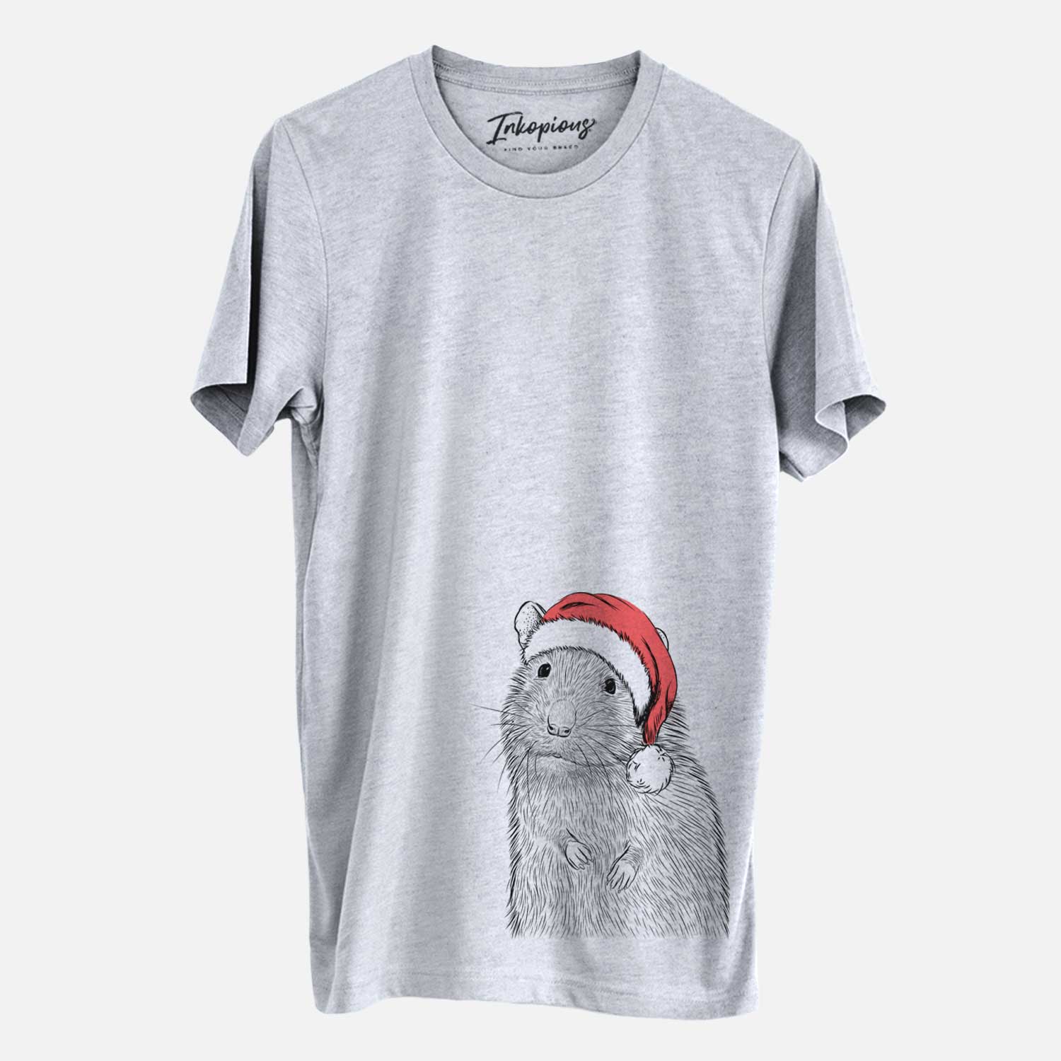 Hand-drawn sketch of Rizzo the Rat wearing a Santa hat on a Grey Unisex crewneck