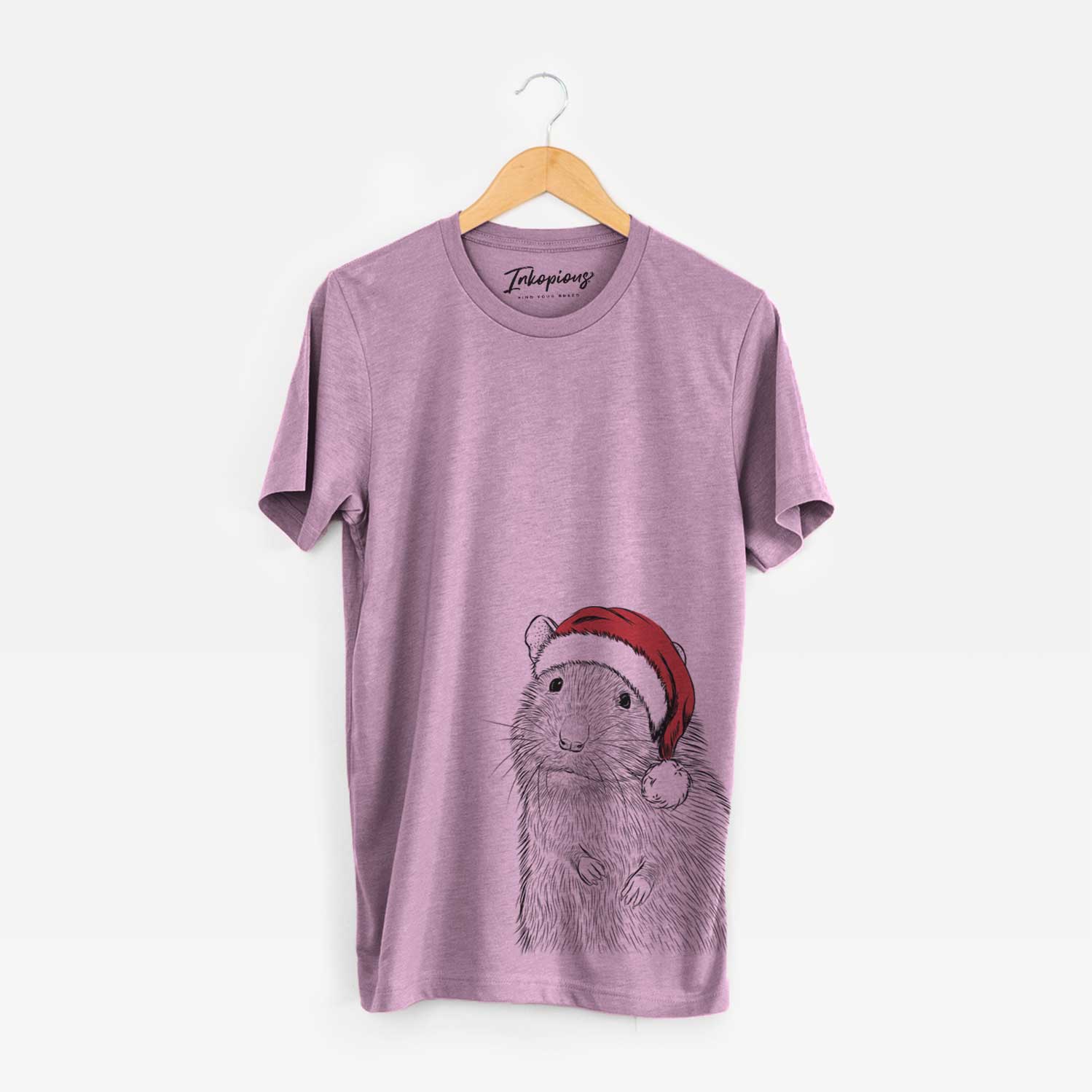 Hand-drawn sketch of Rizzo the Rat wearing a Santa hat on an Orchid Unisex crewneck