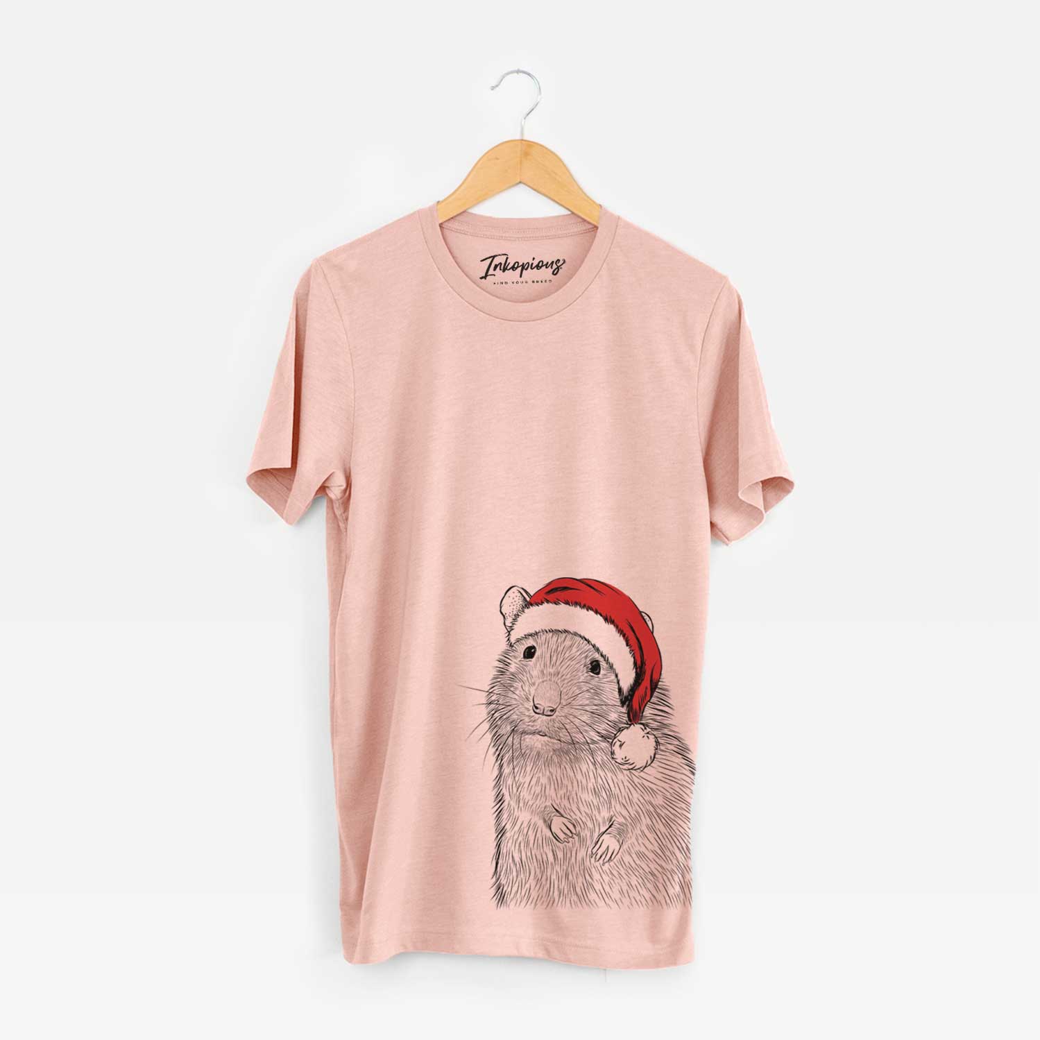 Hand-drawn sketch of Rizzo the Rat wearing a Santa hat on a Peach Unisex crewneck