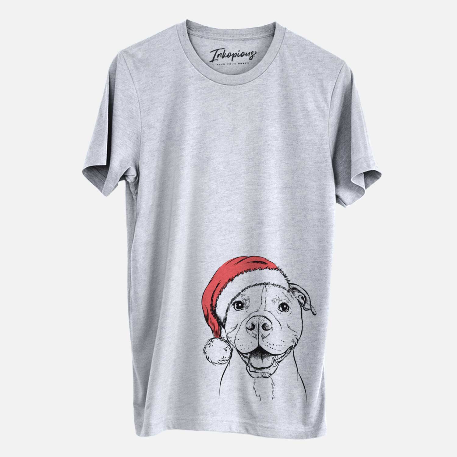 Hand-drawn sketch of Roscoe the Pitbull wearing a Santa hat on a Grey Unisex crewneck