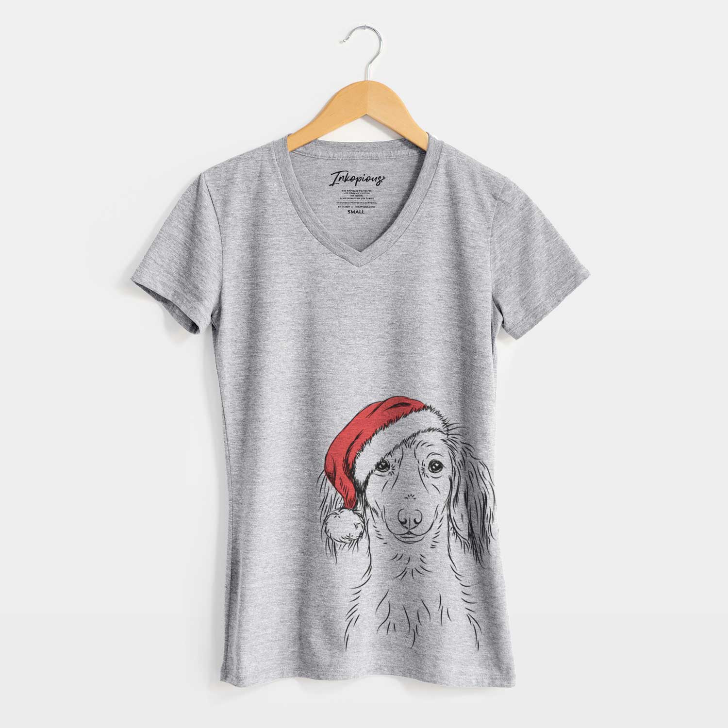 Santa Roux the Long Haired Dachshund - Women's V-neck Shirt