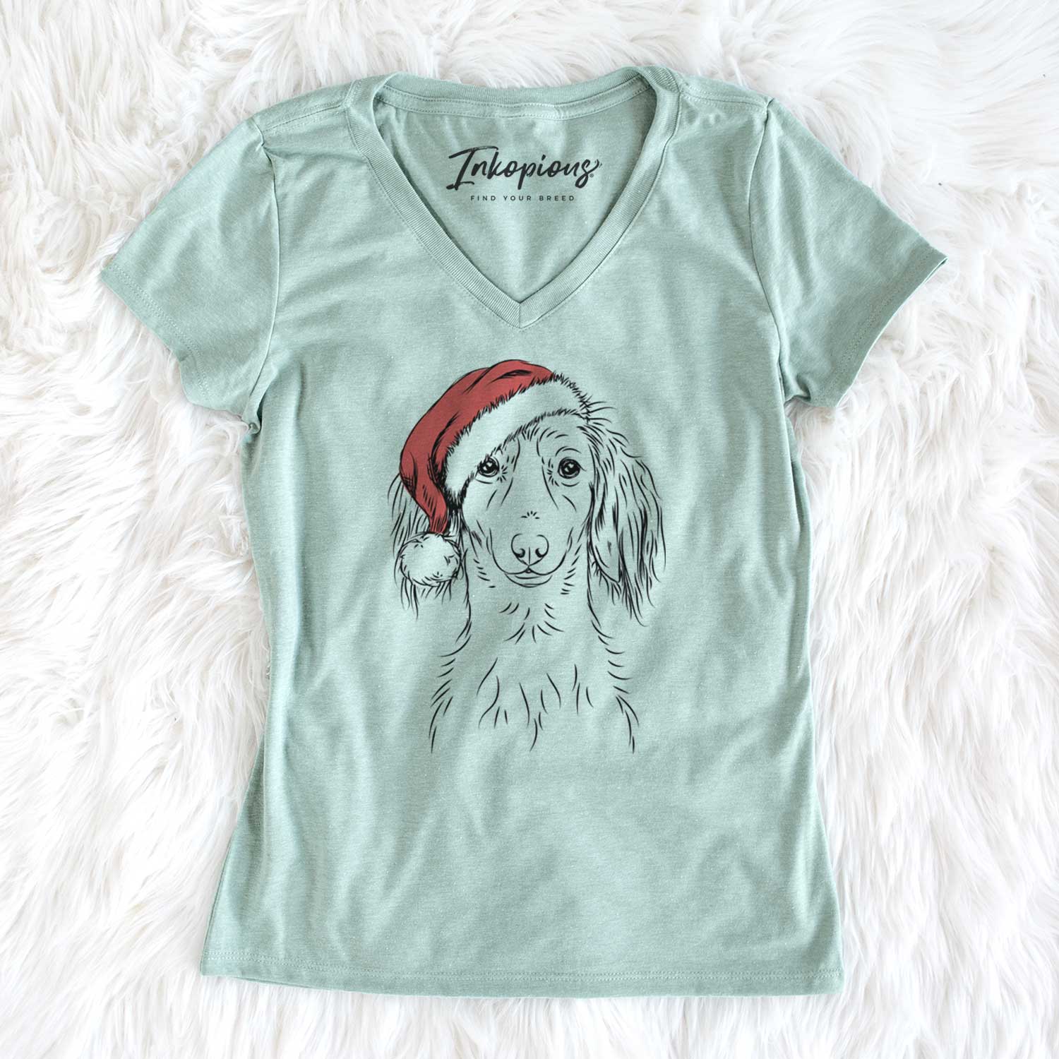 Santa Roux the Long Haired Dachshund - Women's V-neck Shirt