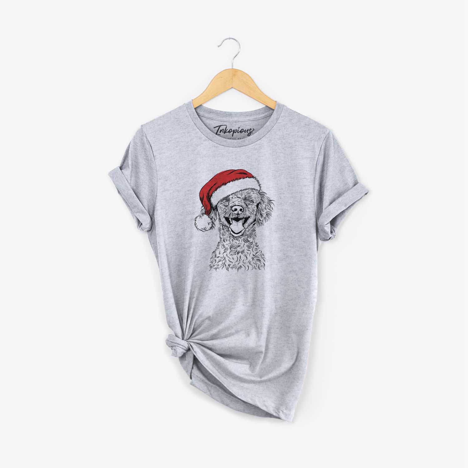 Hand-drawn sketch of Rusty the Toy Poodle wearing a Santa hat on a Grey Unisex crewneck