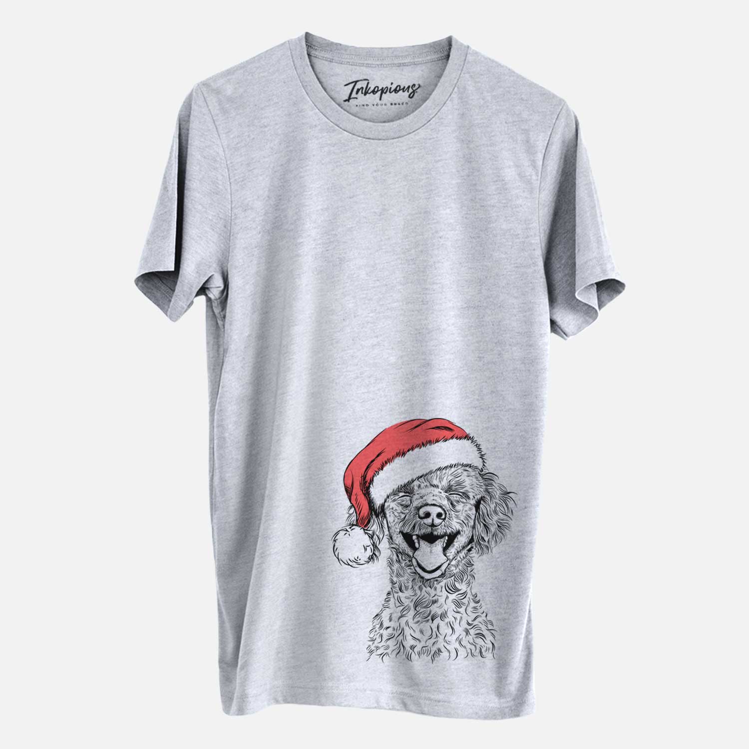 Hand-drawn sketch of Rusty the Toy Poodle wearing a Santa hat on a Grey Unisex crewneck