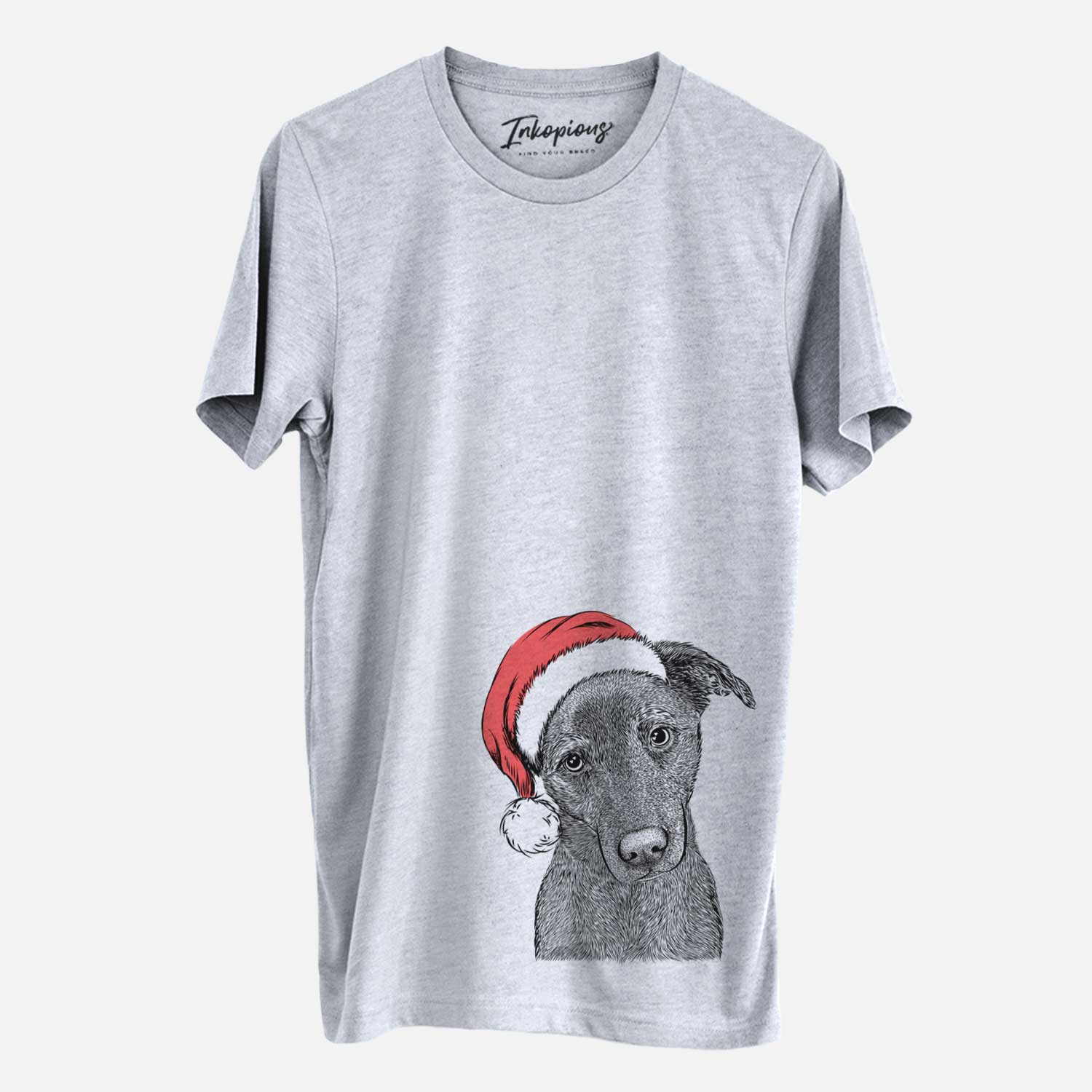 Hand-drawn sketch of Sadie the Whipador wearing a Santa hat on a Grey Unisex crewneck
