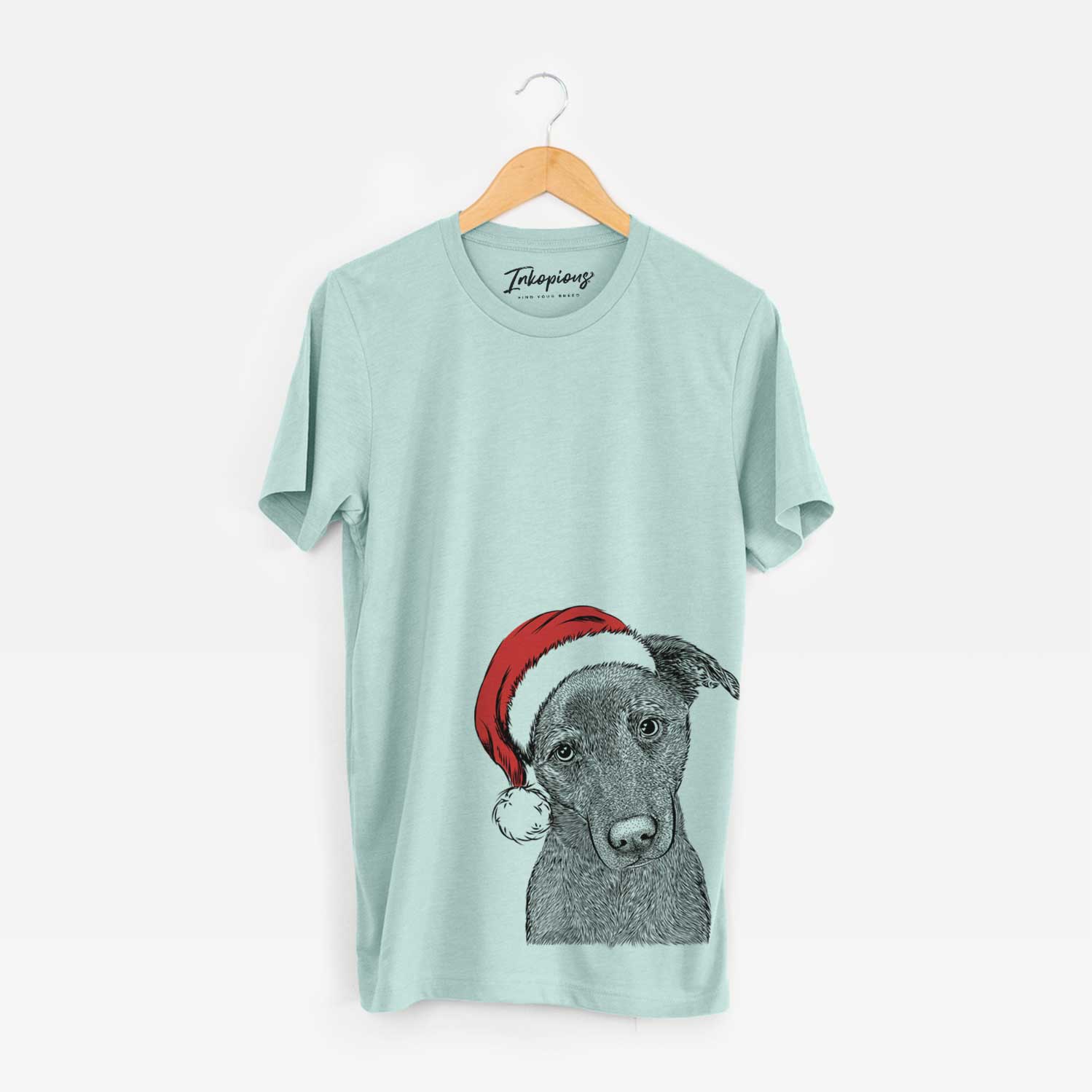 Hand-drawn sketch of Sadie the Whipador wearing a Santa hat on a Heather Sage Unisex crewneck