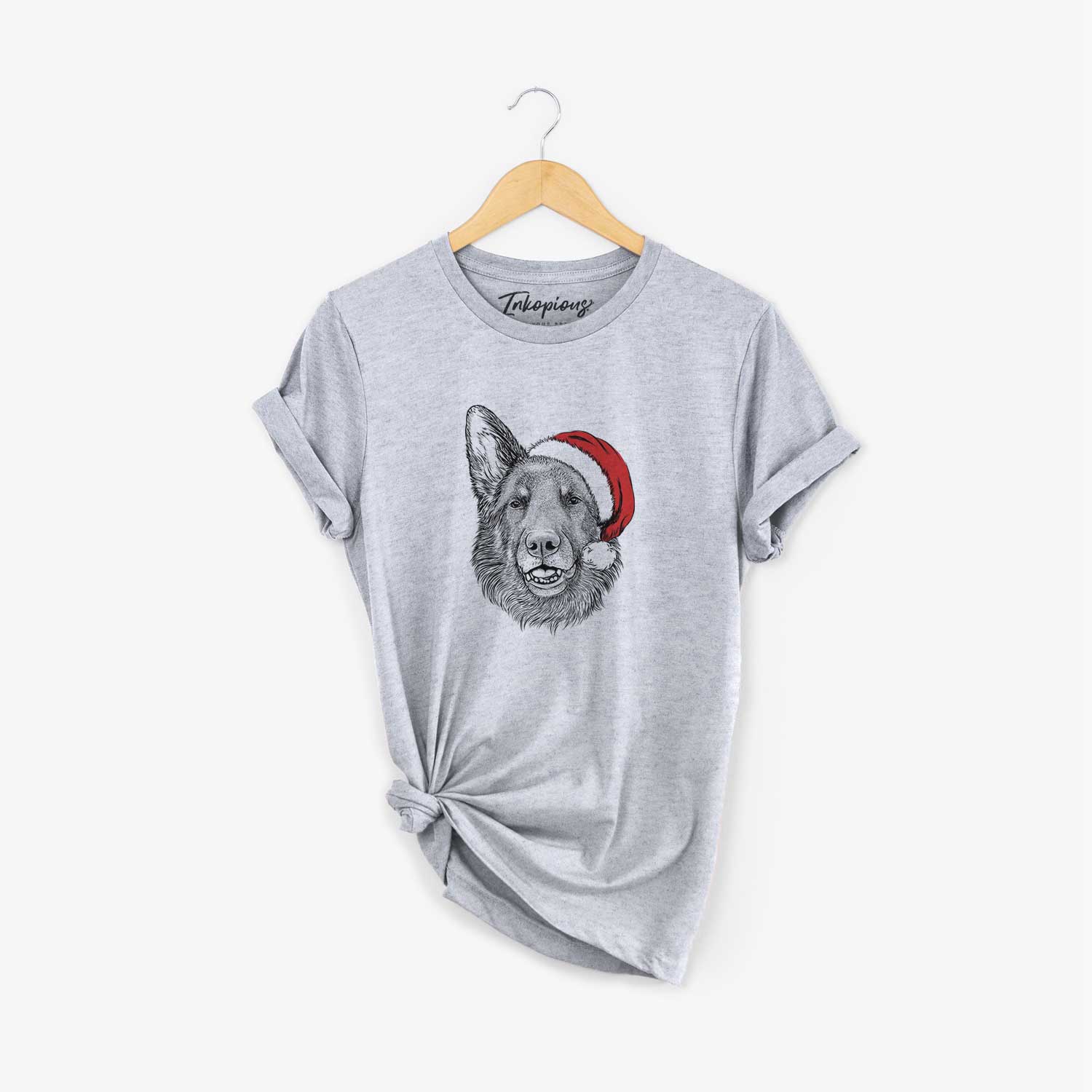 Hand-drawn sketch of Sammie the German Shepherd wearing a Santa hat on a Grey Unisex crewneck