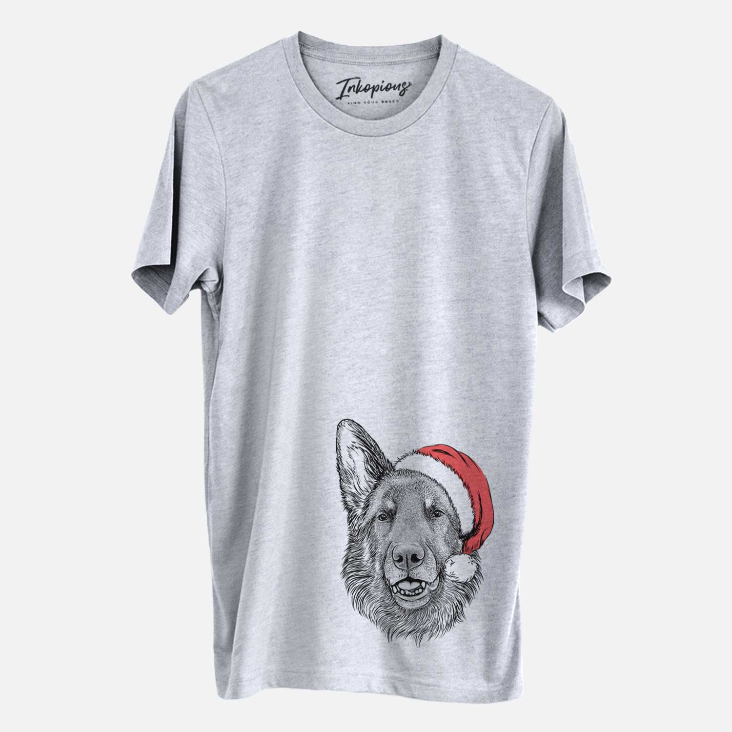 Hand-drawn sketch of Sammie the German Shepherd wearing a Santa hat on a Grey Unisex crewneck