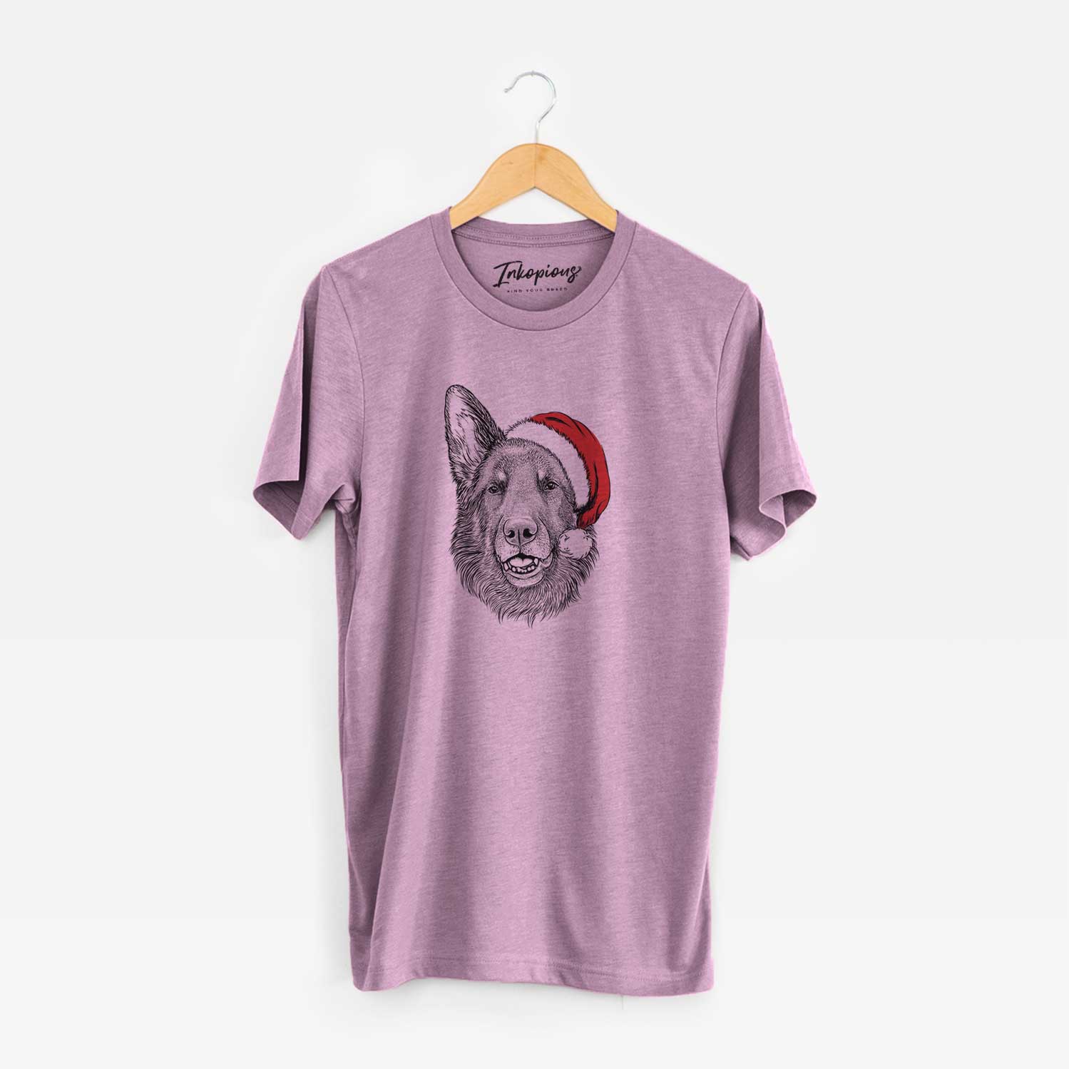 Hand-drawn sketch of Sammie the German Shepherd wearing a Santa hat on an Orchid Unisex crewneck