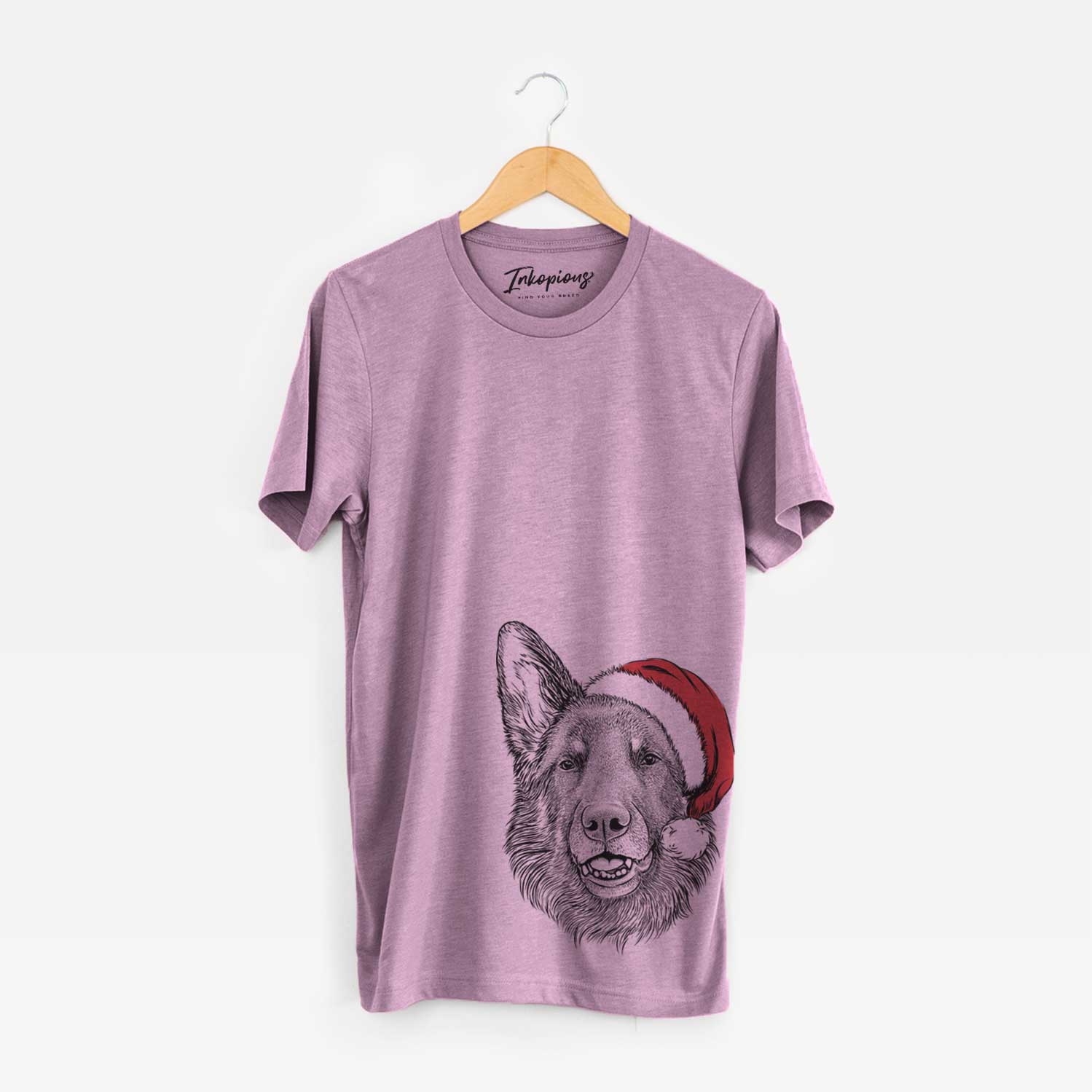 Hand-drawn sketch of Sammie the German Shepherd wearing a Santa hat on an Orchid Unisex crewneck