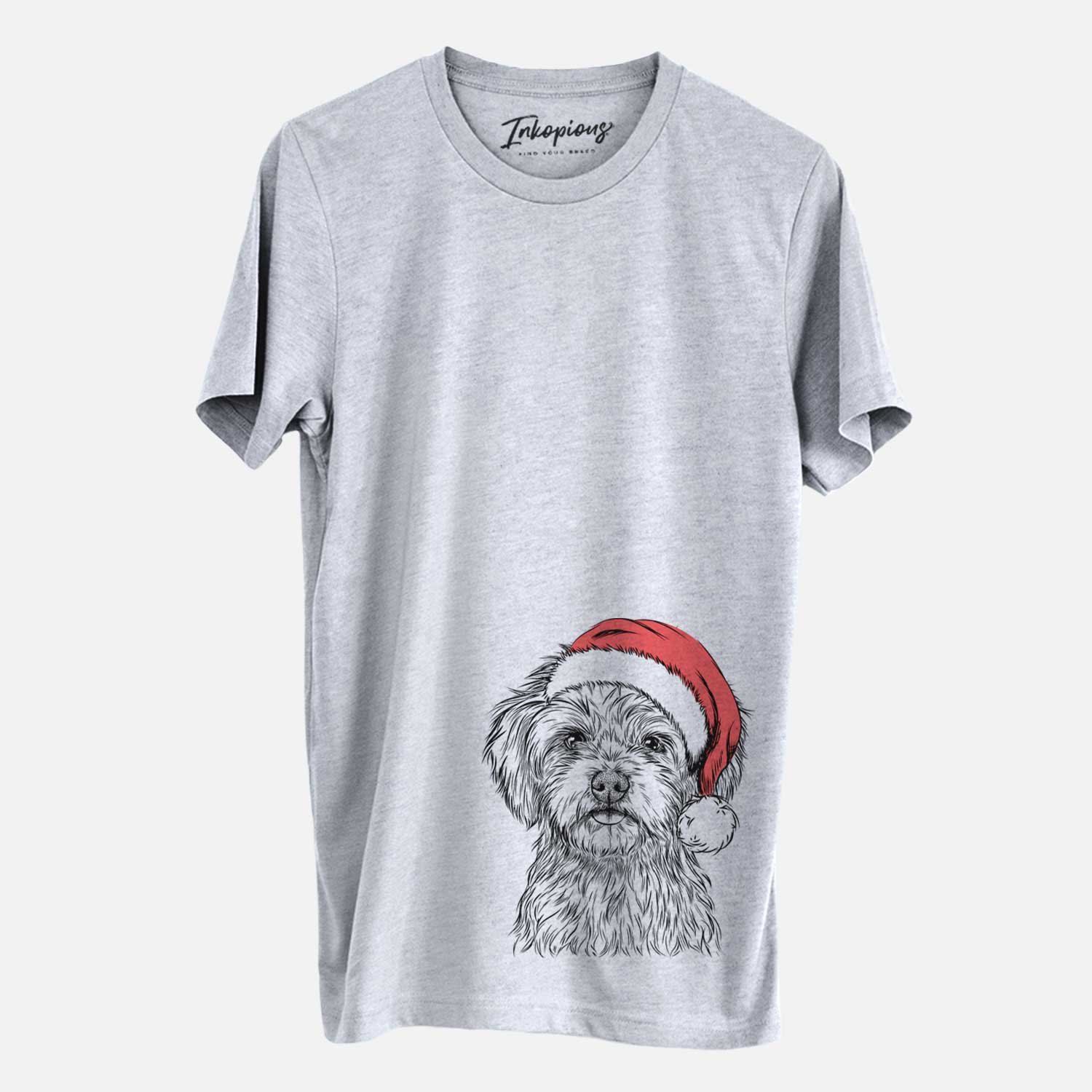 Hand-drawn sketch of Sammy the Shorkie wearing a Santa hat on a Grey Unisex crewneck