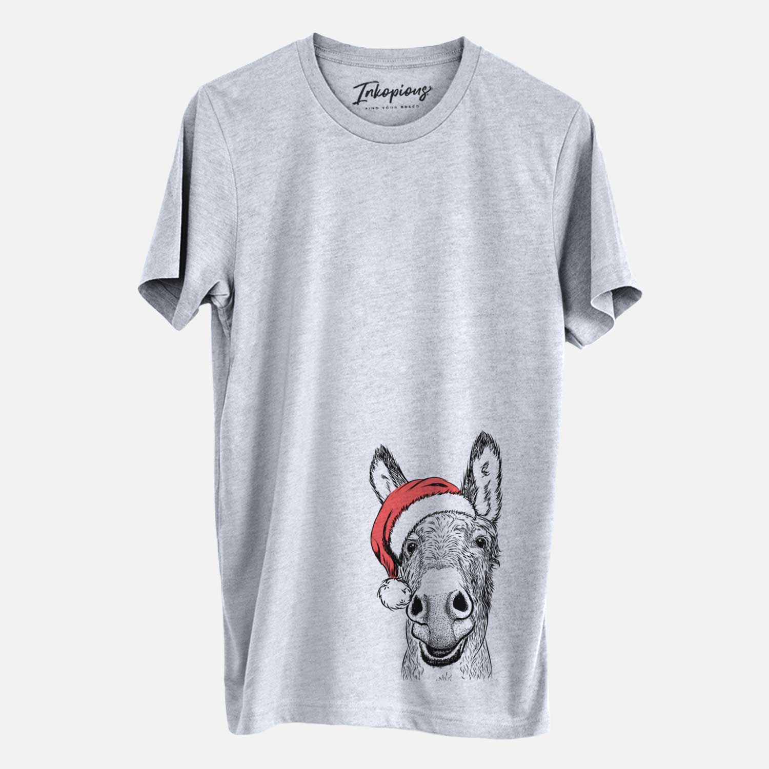 Hand-drawn sketch of Samule the Donkey wearing a Santa hat on a Grey Unisex crewneck