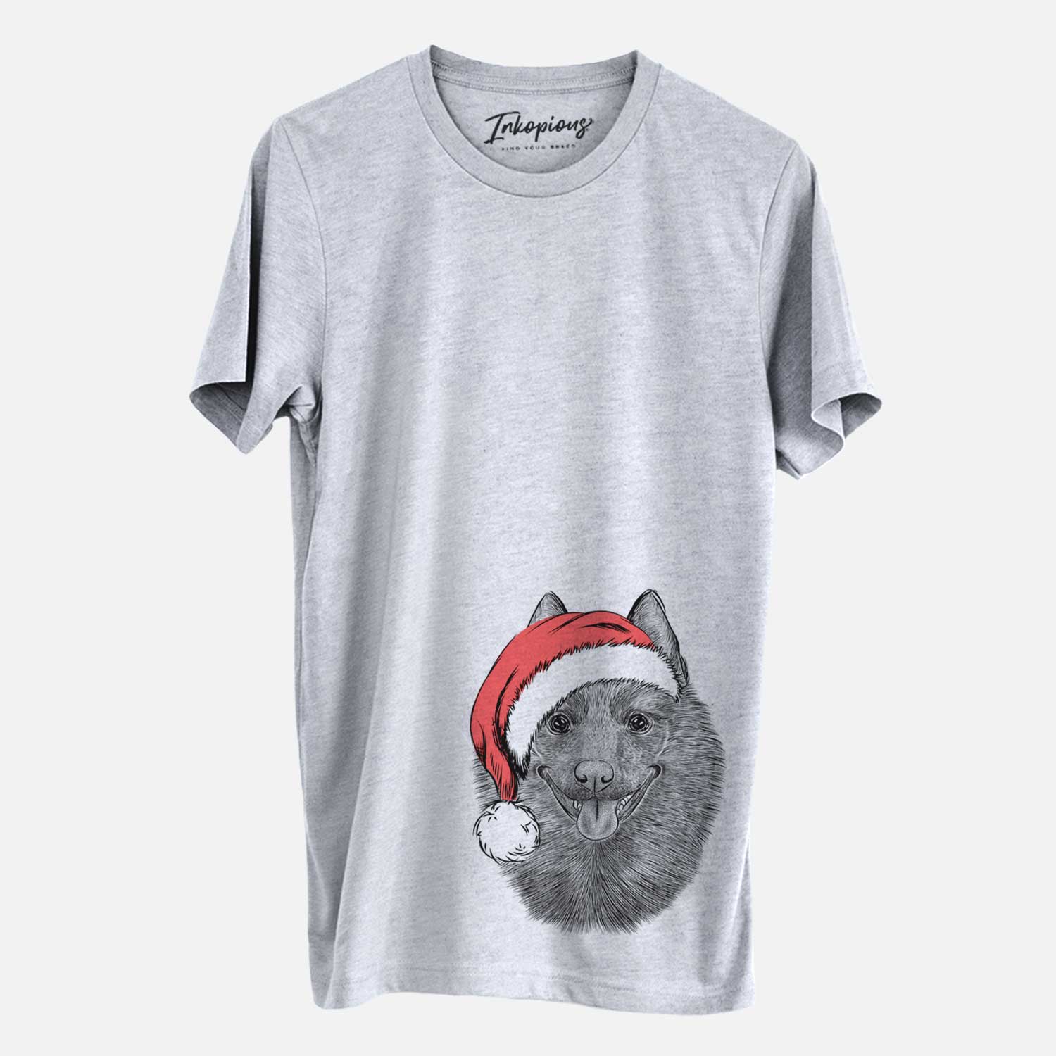 Hand-drawn sketch of Sander the Schipperke wearing a Santa hat on a Grey Unisex crewneck