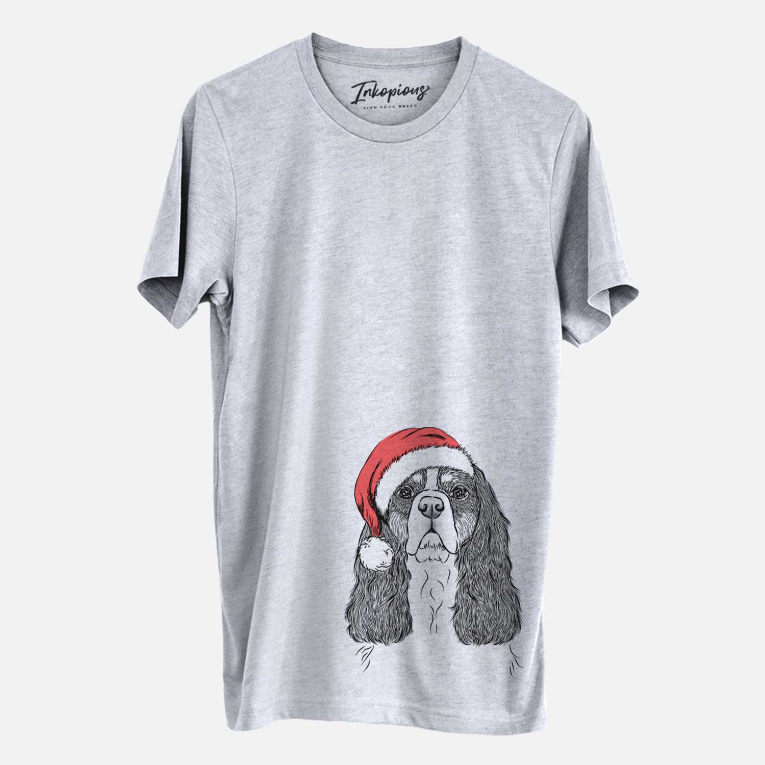 Hand-drawn sketch of Sebastian the Cavalier King Charles Spaniel wearing a Santa hat on a Grey Unisex crewneck