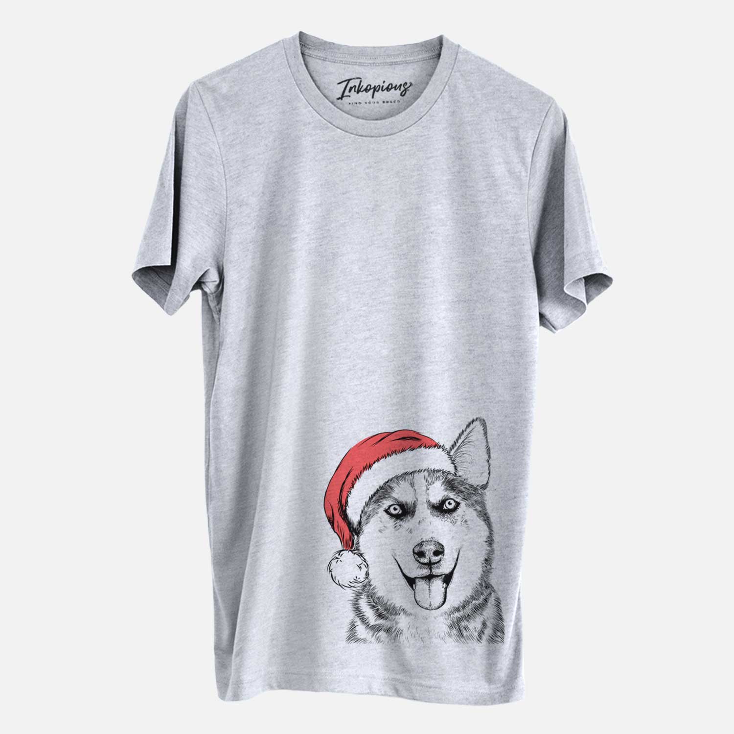 Hand-drawn sketch of Sesi the Siberian Husky wearing a Santa hat on a Grey Unisex crewneck
