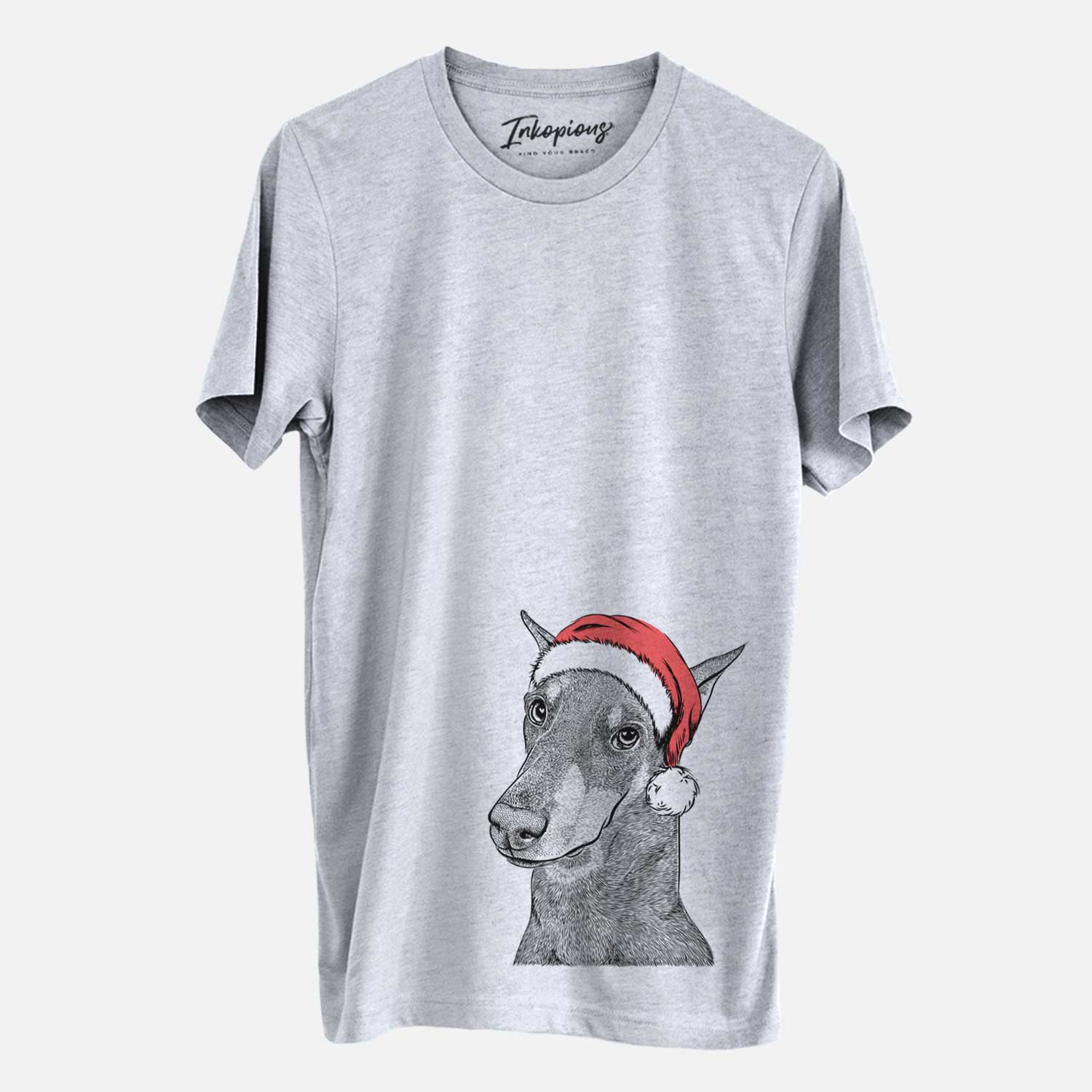 Hand-drawn sketch of Shelby the Doberman Pinscher wearing a Santa hat on a Grey Unisex crewneck
