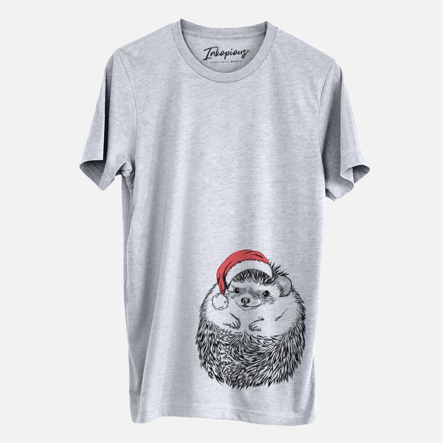 Hand-drawn sketch of Sid the Hedgehog wearing a Santa hat on a Grey Unisex crewneck