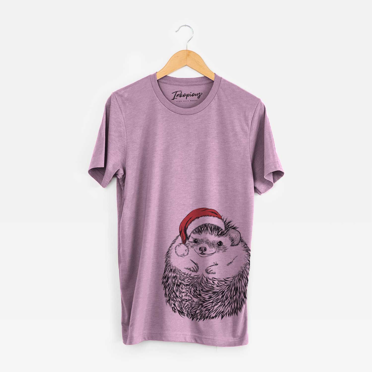 Hand-drawn sketch of Sid the Hedgehog wearing a Santa hat on an Orchid Unisex crewneck