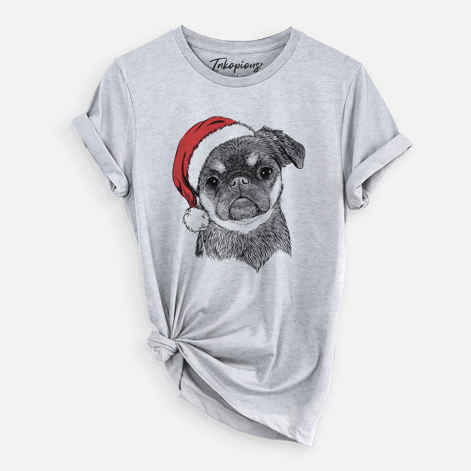 Hand-drawn sketch of Simone the Brussels Griffon wearing a Santa hat on a Grey Unisex crewneck