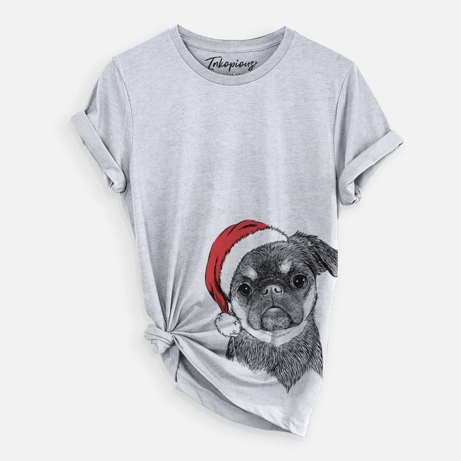 Hand-drawn sketch of Simone the Brussels Griffon wearing a Santa hat on a Grey Unisex crewneck