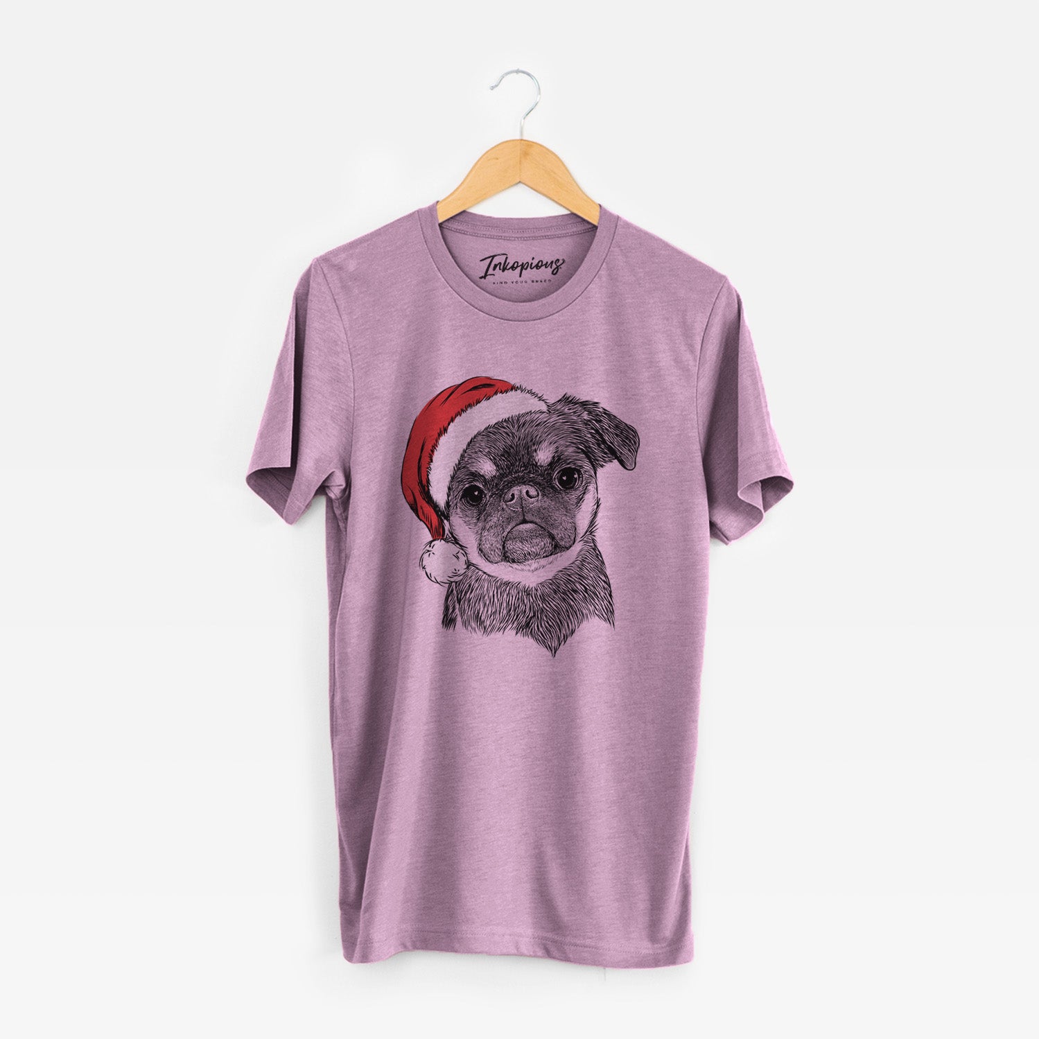 Hand-drawn sketch of Simone the Brussels Griffon wearing a Santa hat on an Orchid Unisex crewneck
