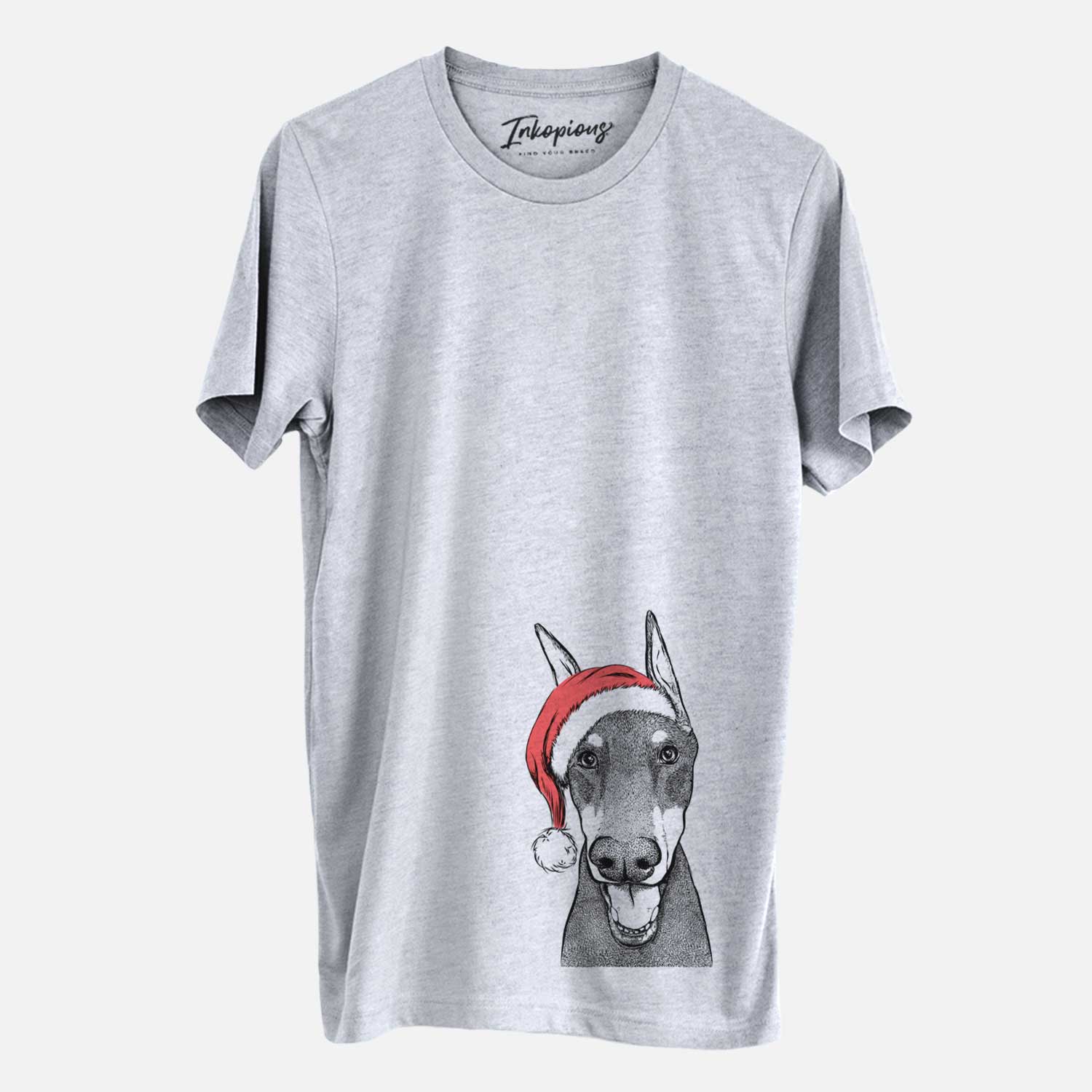 Hand-drawn sketch of Sir Duke the Doberman Pinscher wearing a Santa hat on a Grey Unisex crewneck