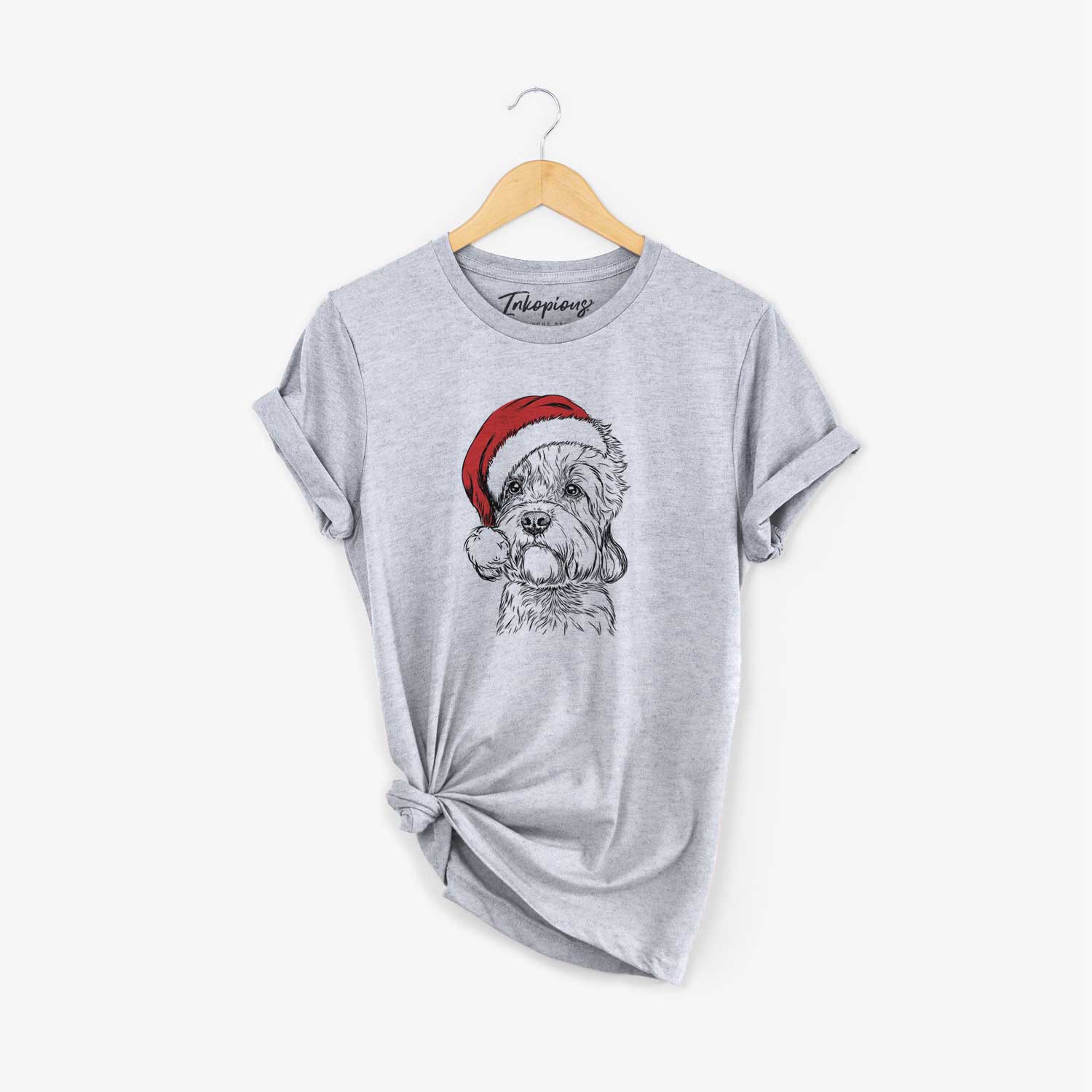 Hand-drawn sketch of Sir Walter the Dandie Dinmont Terrier wearing a Santa hat on a Grey Unisex crewneck