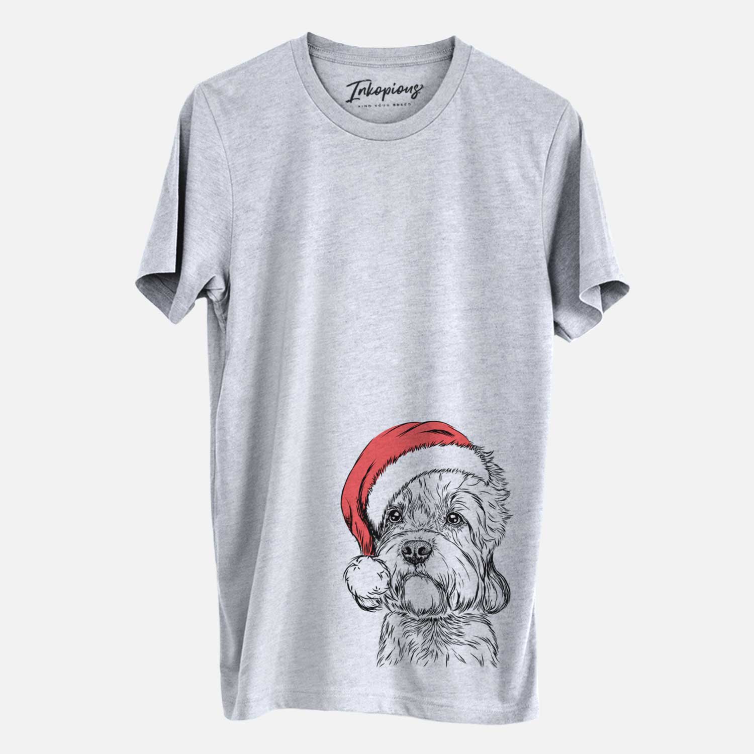 Hand-drawn sketch of Sir Walter the Dandie Dinmont Terrier wearing a Santa hat on a Grey Unisex crewneck