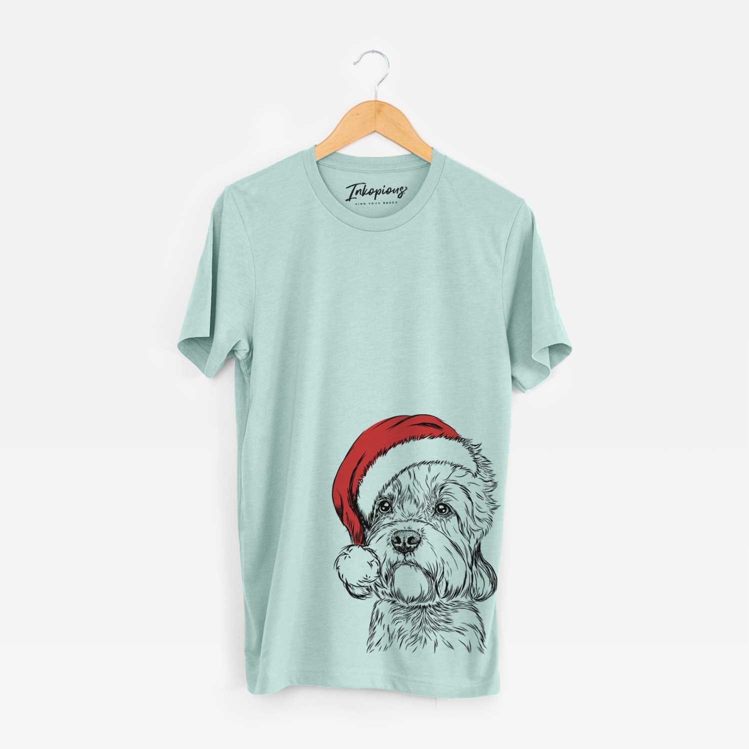 Hand-drawn sketch of Sir Walter the Dandie Dinmont Terrier wearing a Santa hat on a Heather Sage Unisex crewneck
