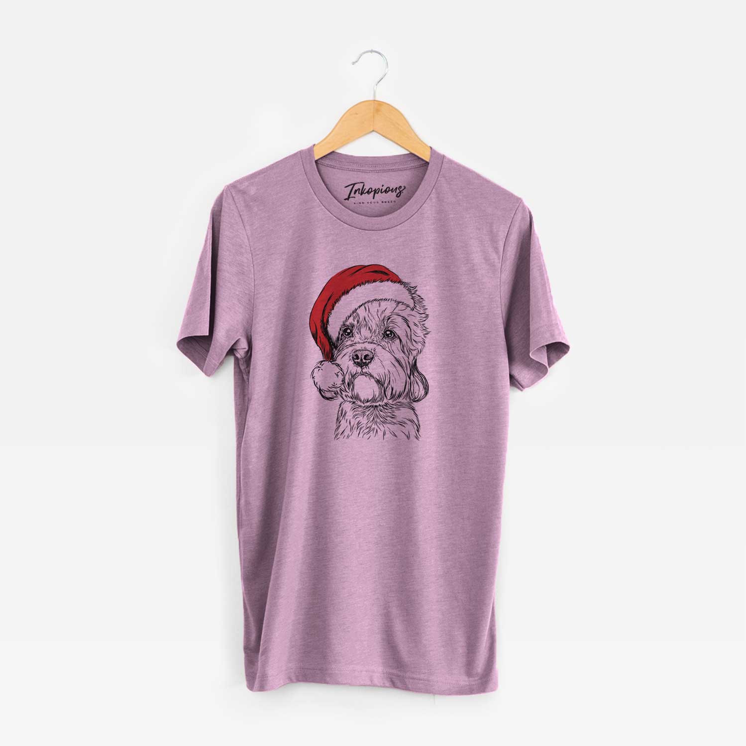 Hand-drawn sketch of Sir Walter the Dandie Dinmont Terrier wearing a Santa hat on an Orchid Unisex crewneck